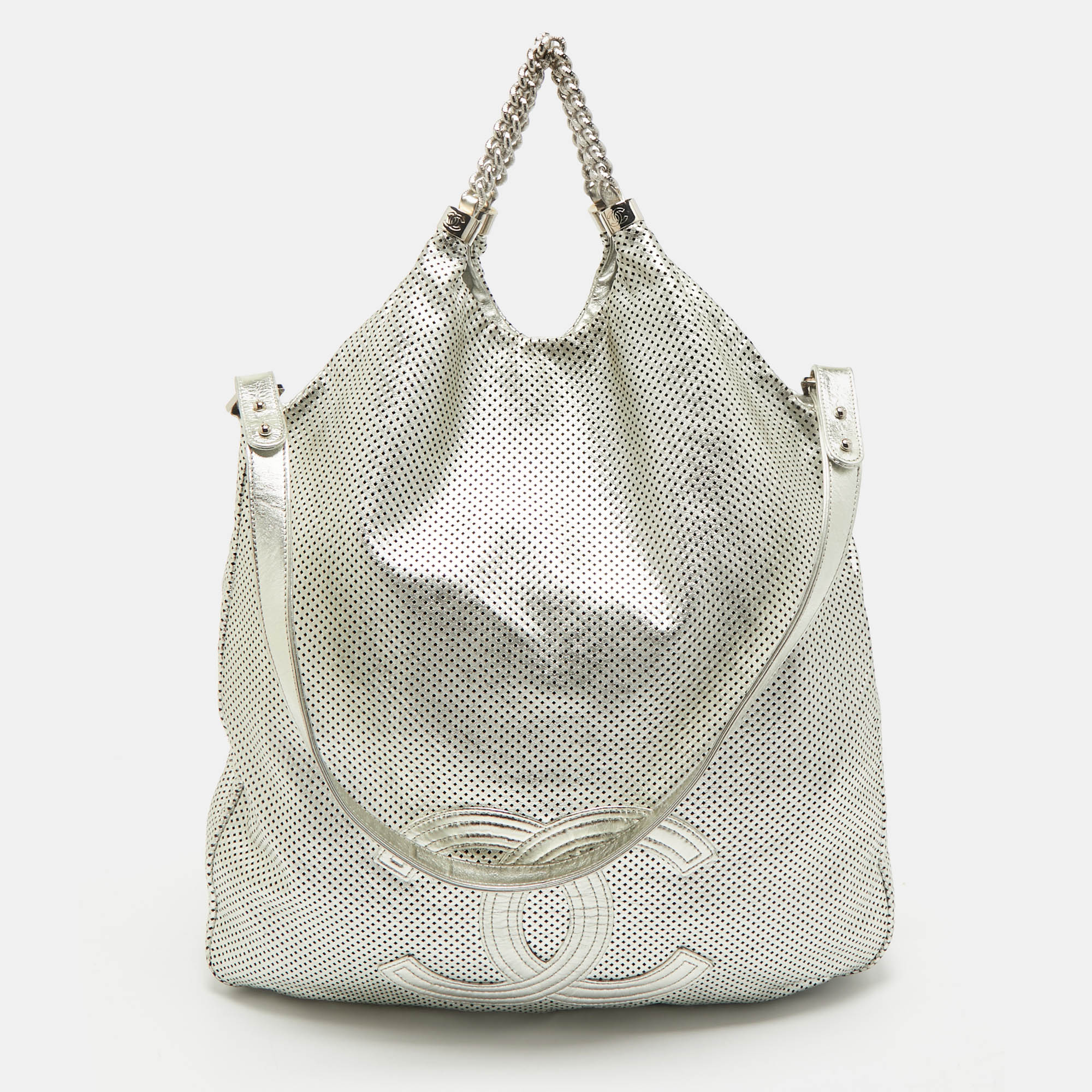 

Chanel Silver Perforated Leather Rodeo Drive Hobo