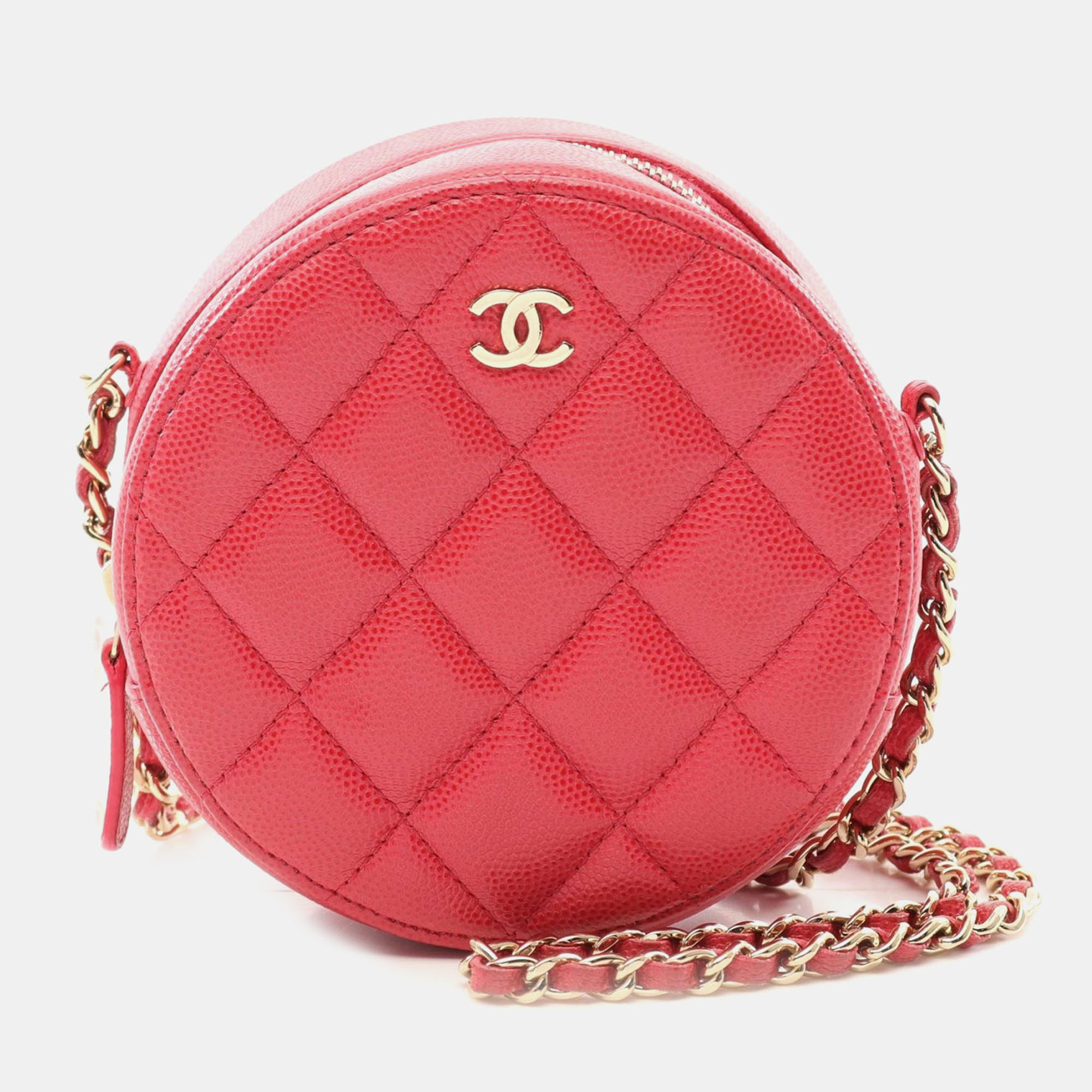 

Chanel Red Quilted Caviar Round Clutch With Chain