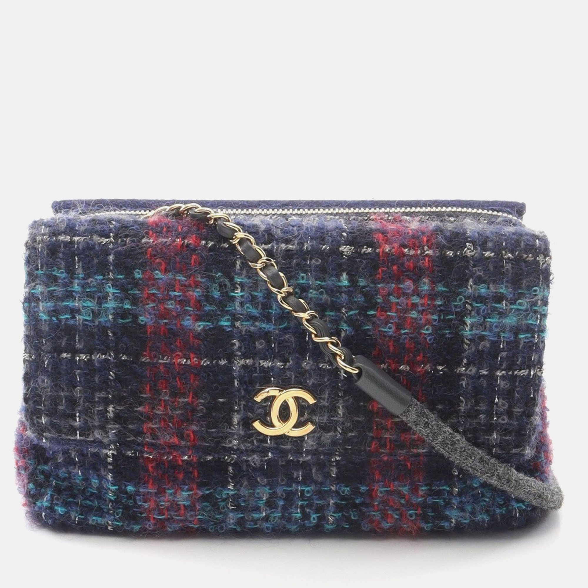 

Chanel Navy Red Leather Tweed W Flap Bag, Multicolor