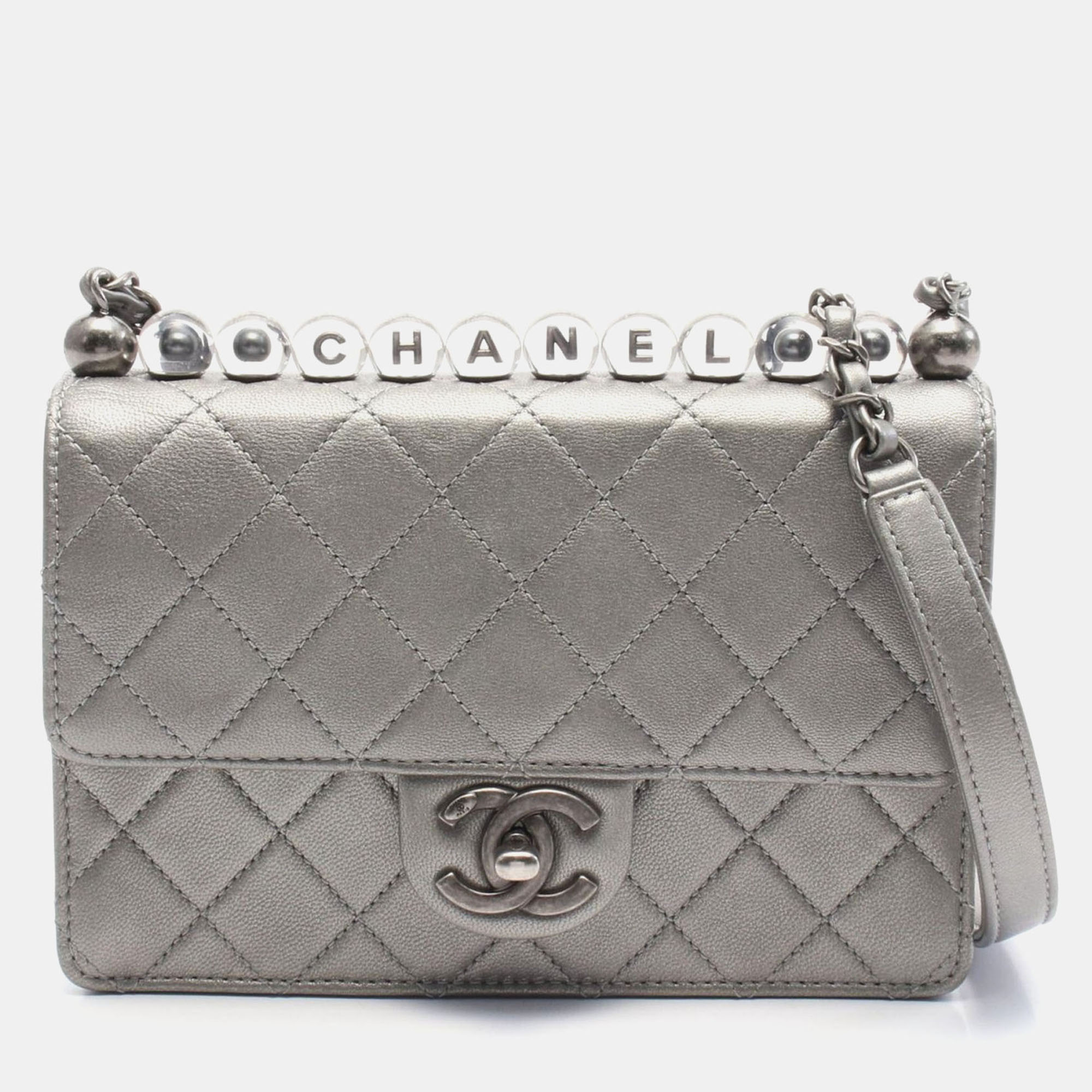

Chanel Silver Metallic Goatskin Quilted Chic Pearls Flap Bag, Grey
