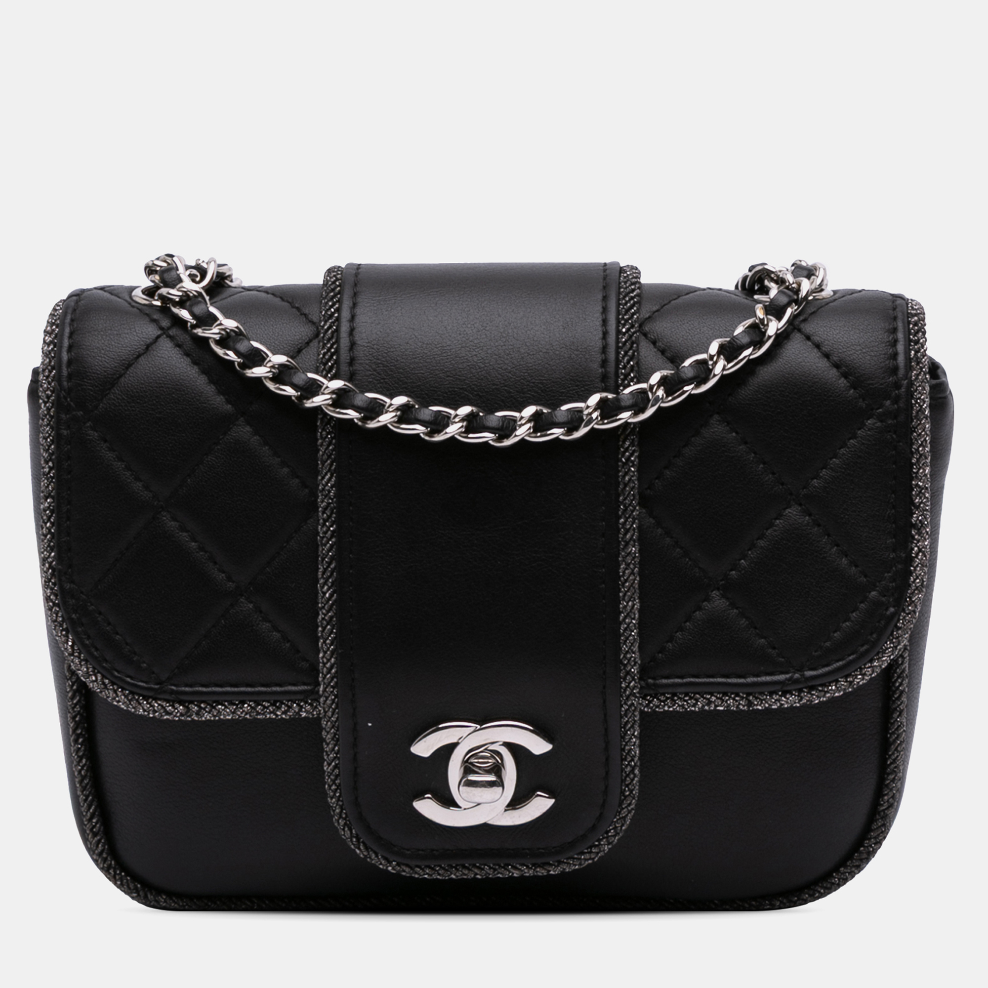 

Chanel Black Mini Quilted Lambskin and Metallic Trim Elementary Chic Flap