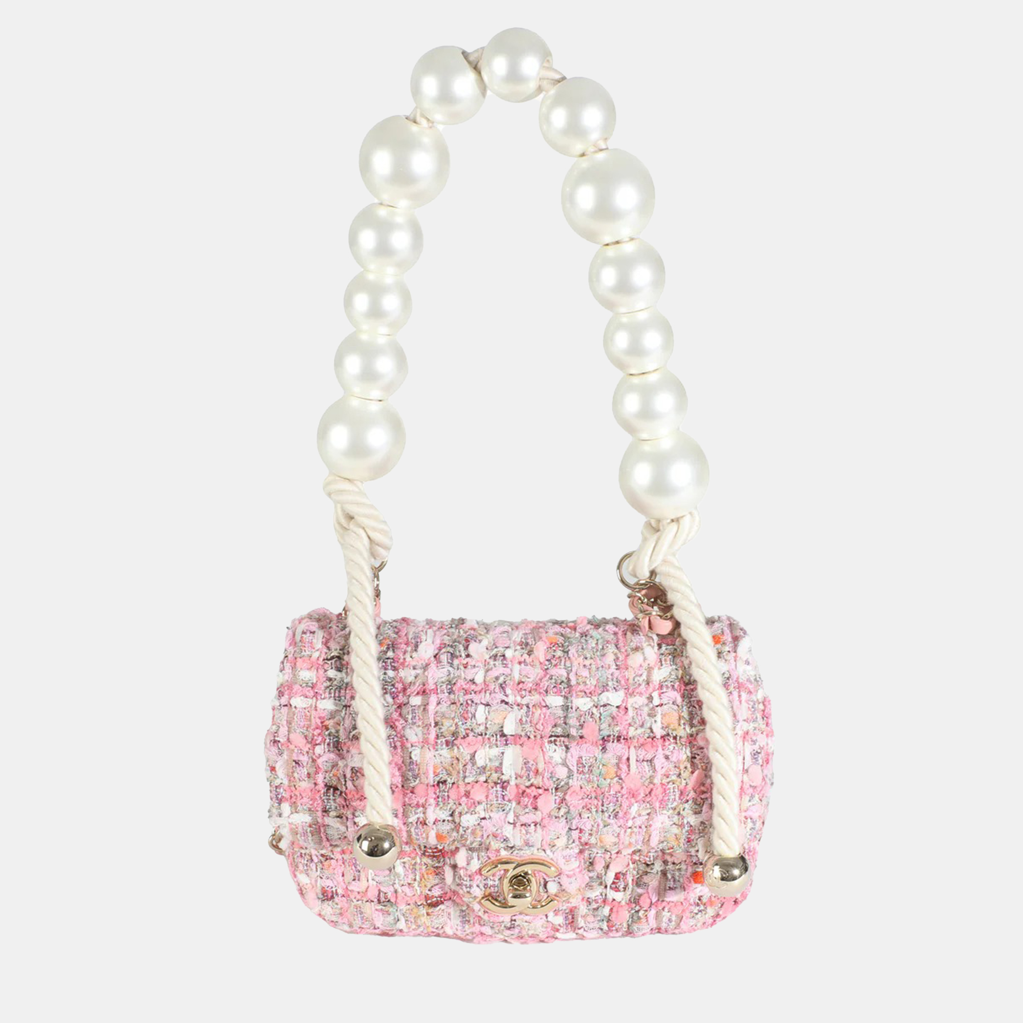 

Chanel Pink Multicolor Tweed Mini Pearl Handle Flap Bag
