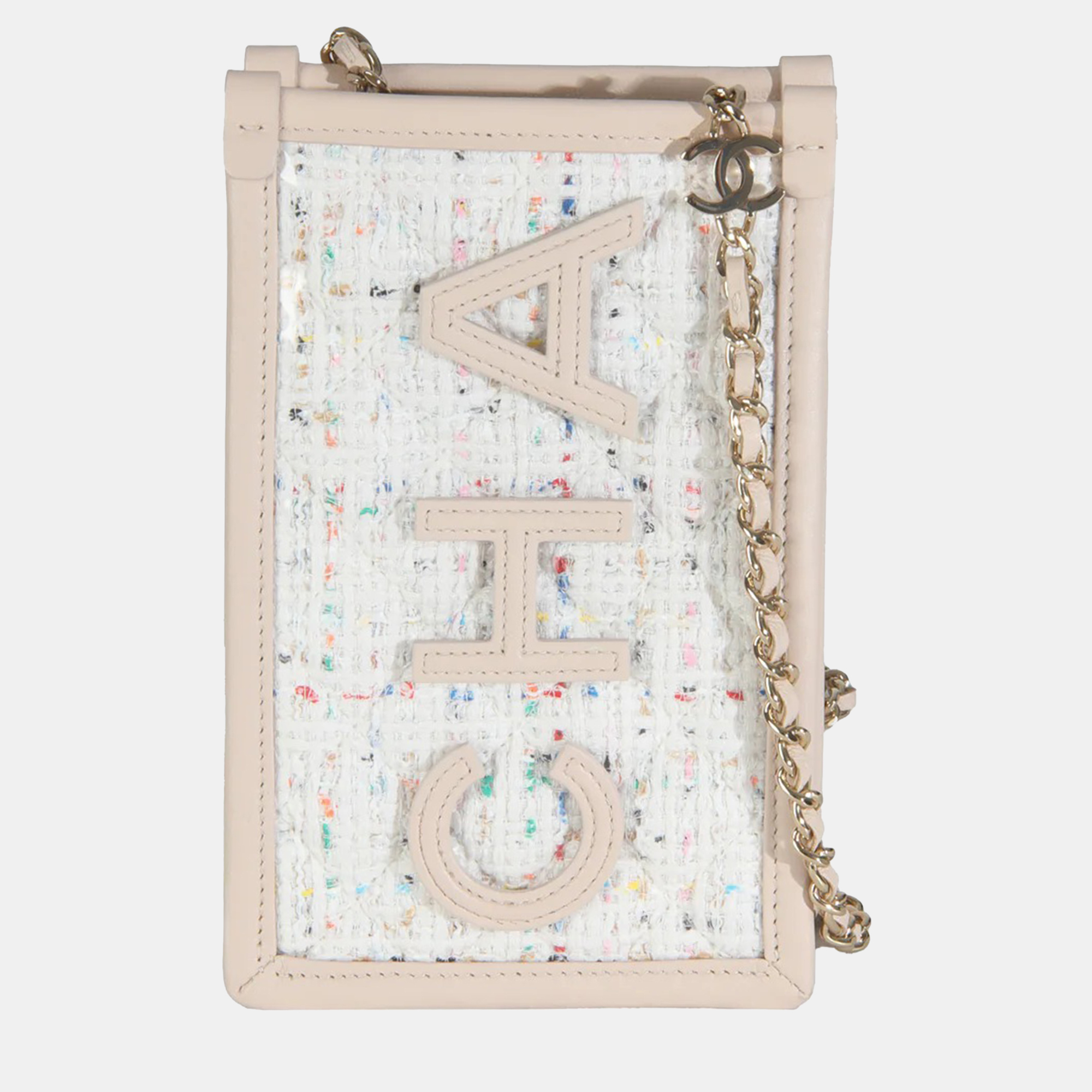 

Chanel Light Beige Tweed PVC Lambskin Clutch With Chain