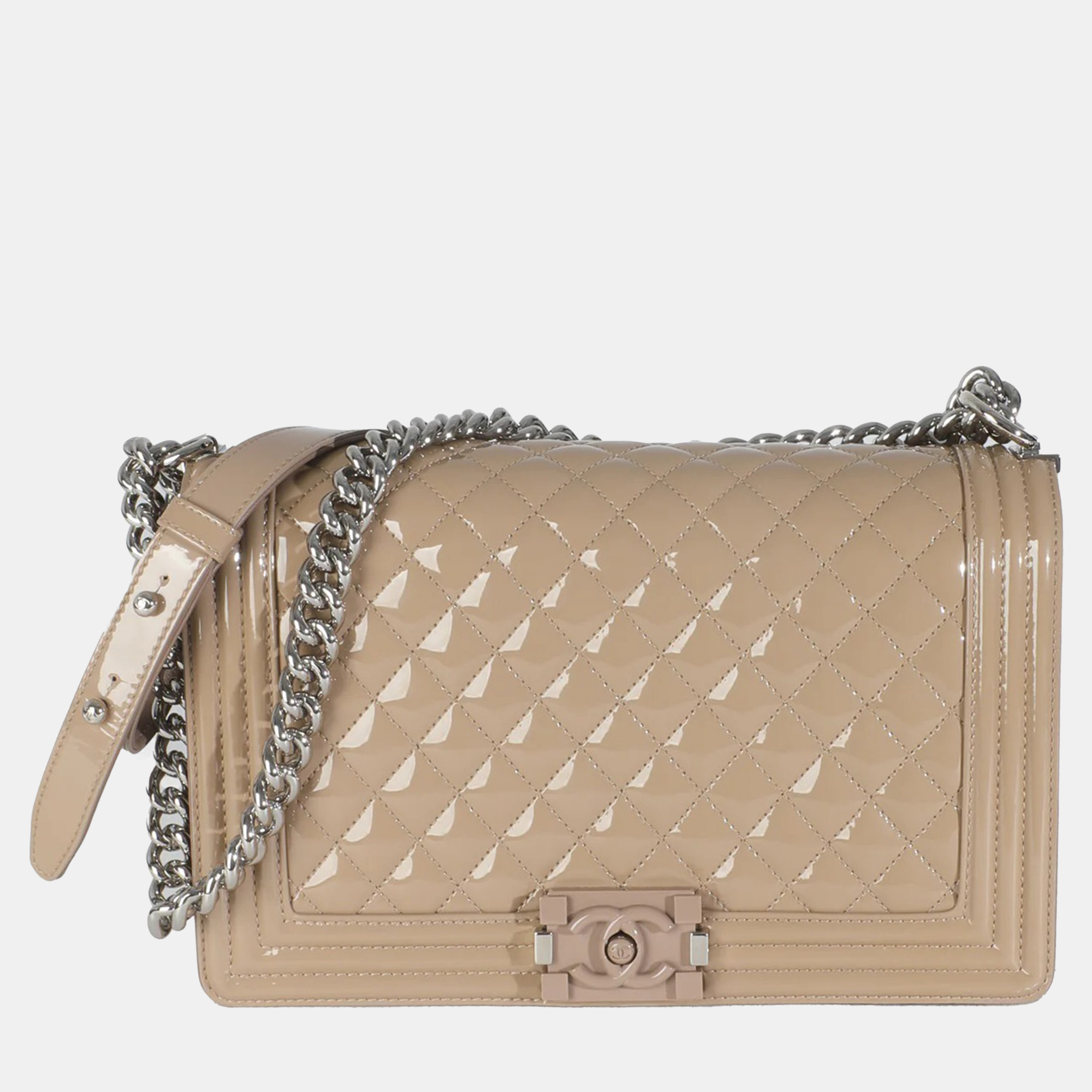 

Chanel Beige Quilted Patent Plexi New Medium Boy Bag