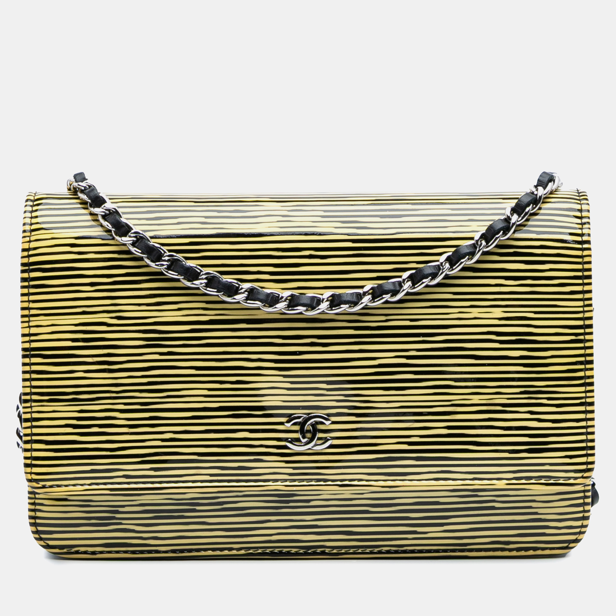 

Chanel Black Yellow Patent Striped Wallet On Chain
