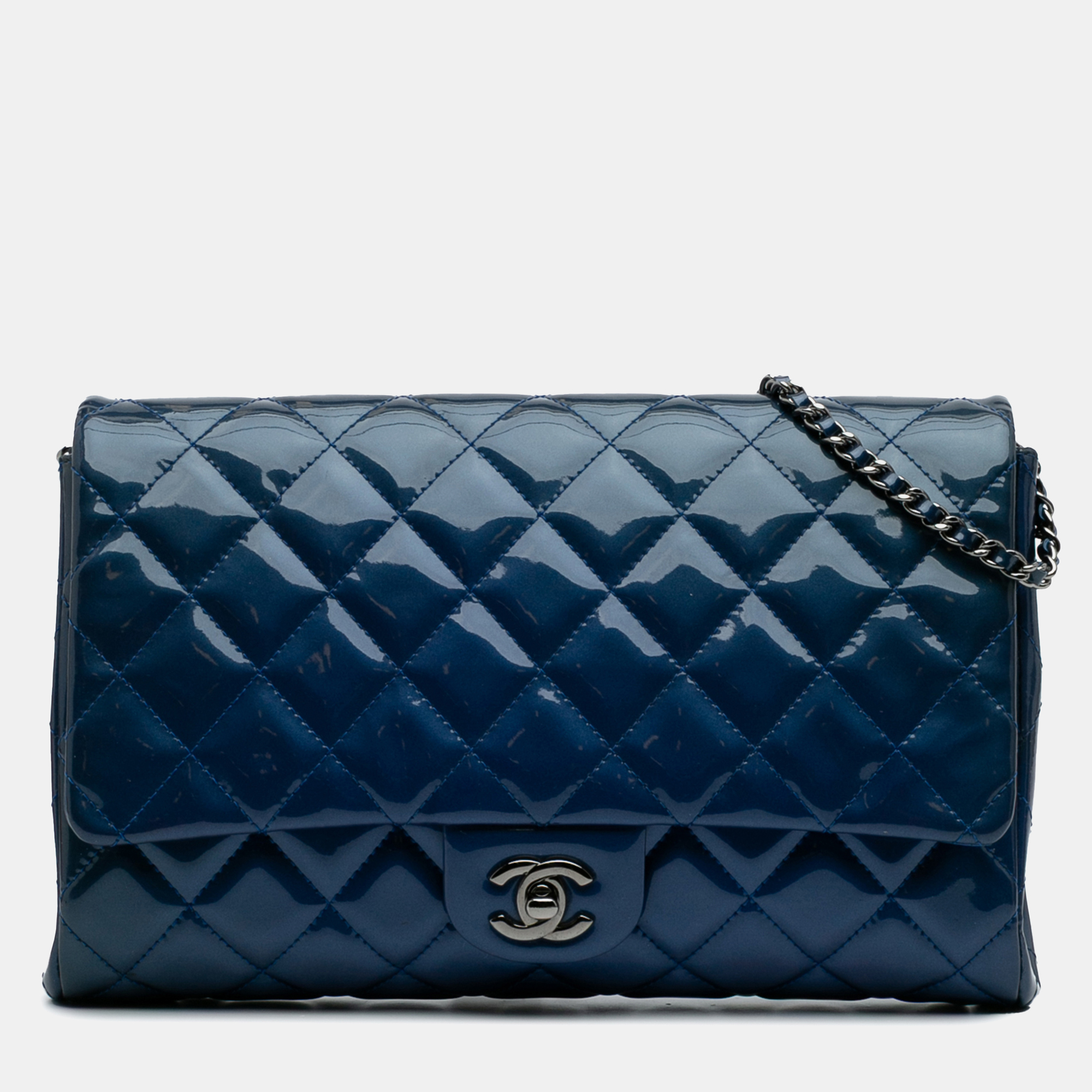 

Chanel Blue CC Quilted Patent Clutch With Chain