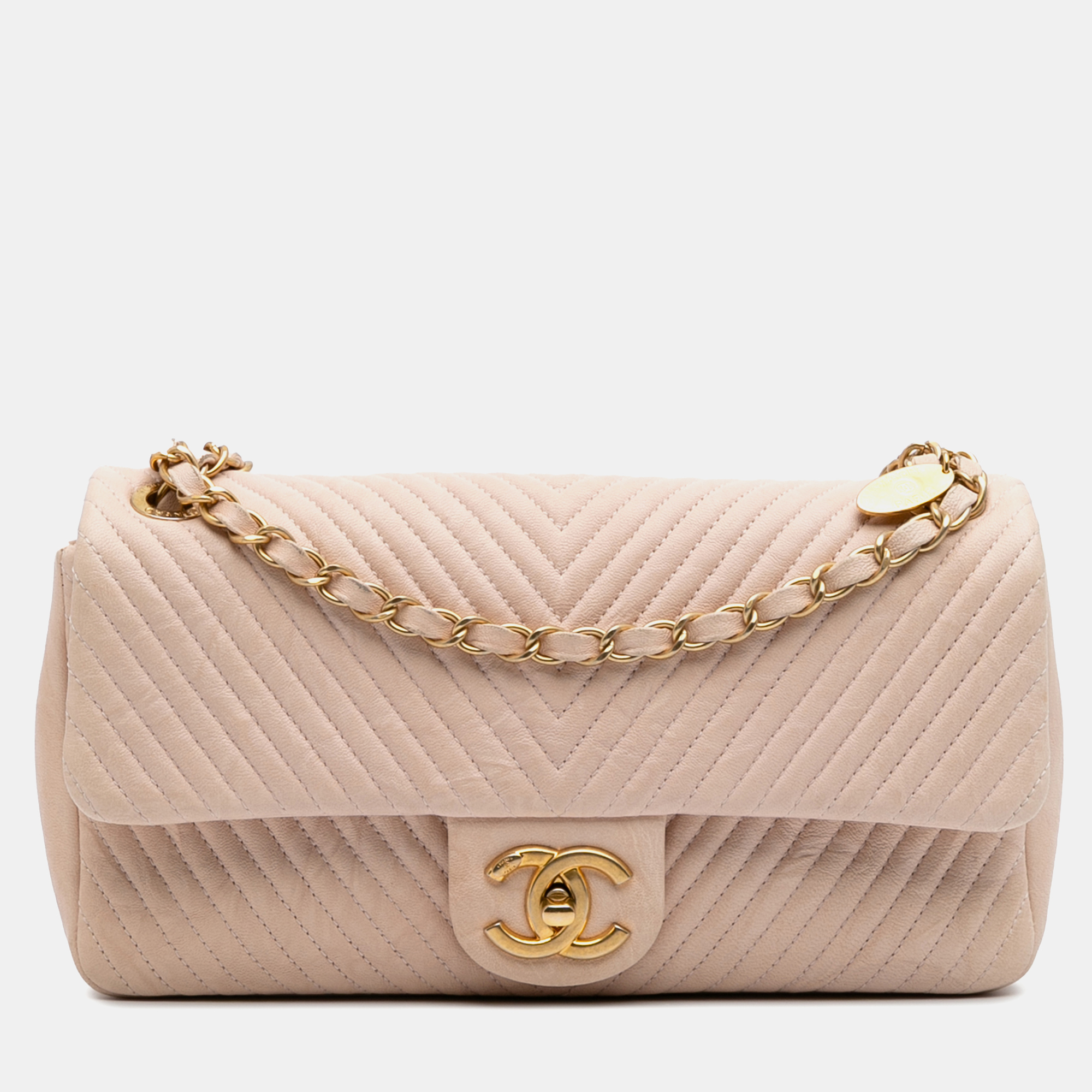 

Chanel Beige Medium Chevron Wrinkled Calfskin Medallion Charm Flap