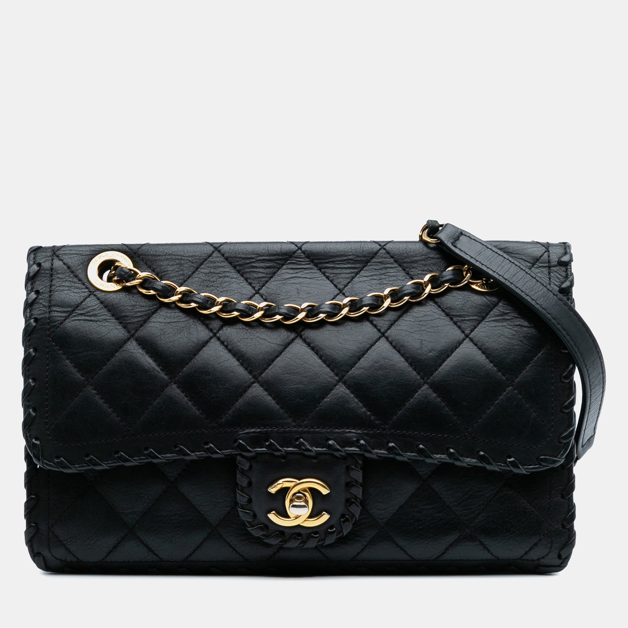 

Chanel Black Quilted Lambskin Whipstitch Single Flap