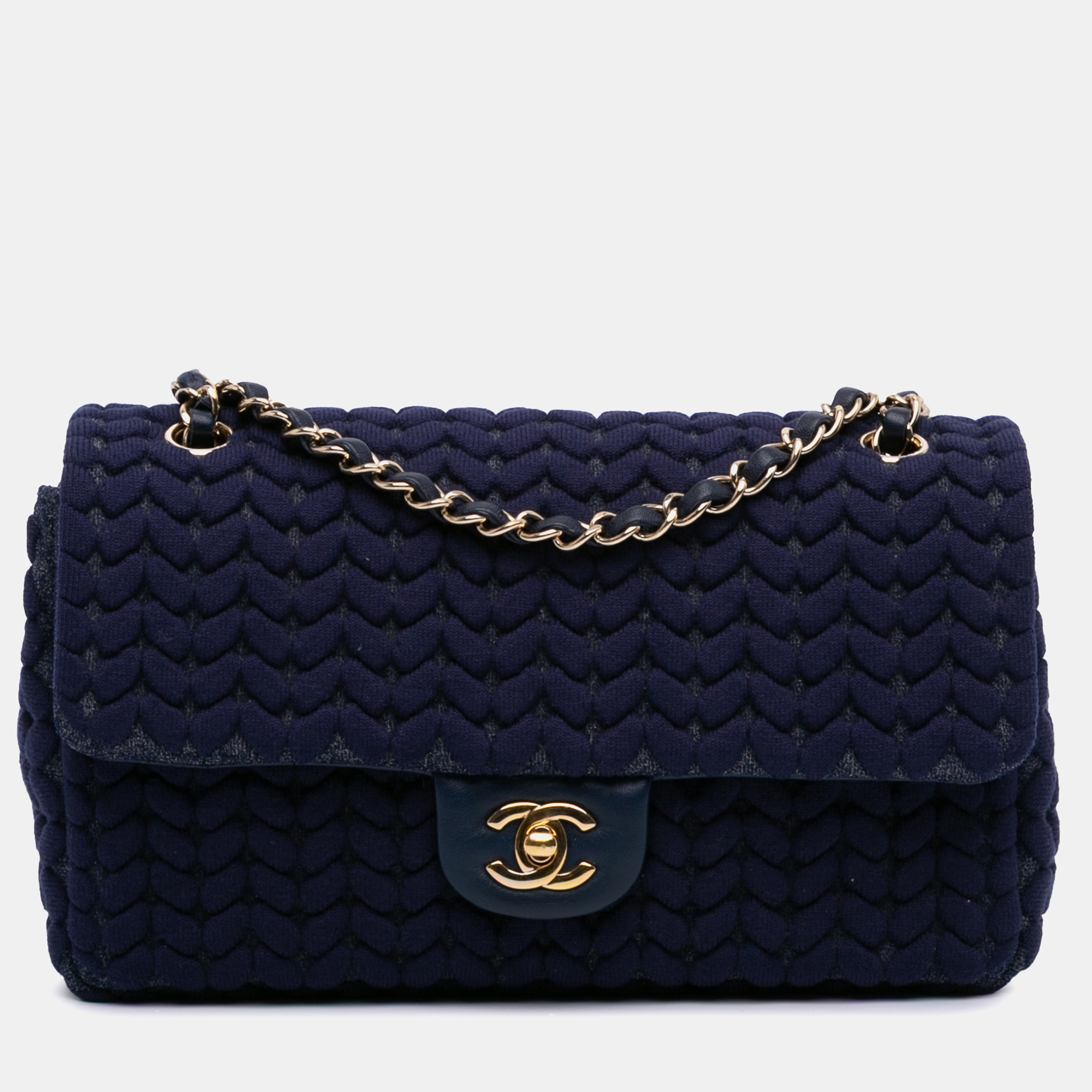 

Chanel Navy Blue Medium Woven Jersey Single Flap