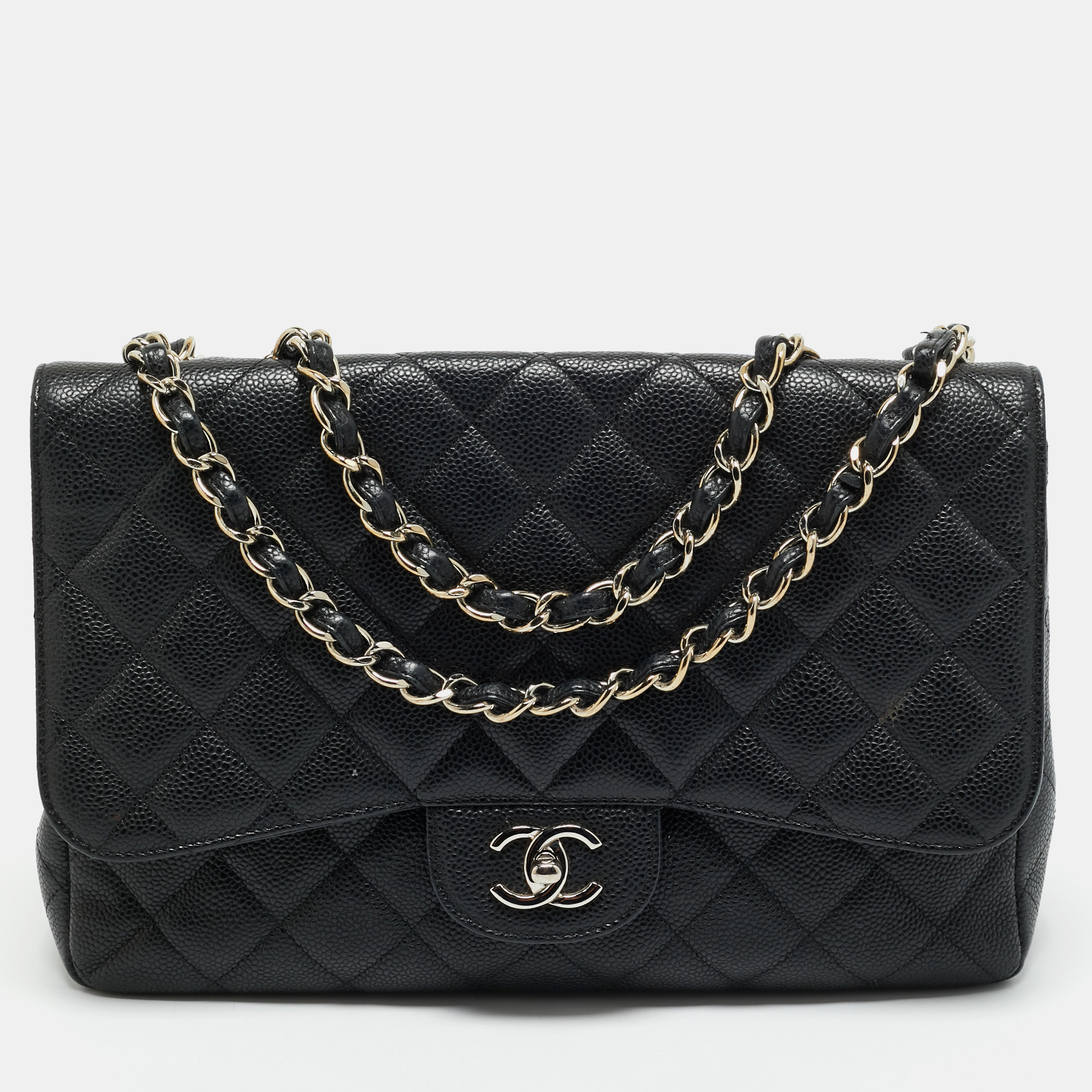 

Chanel Black Quilted Caviar Leather Jumbo Classic Single Flap Bag
