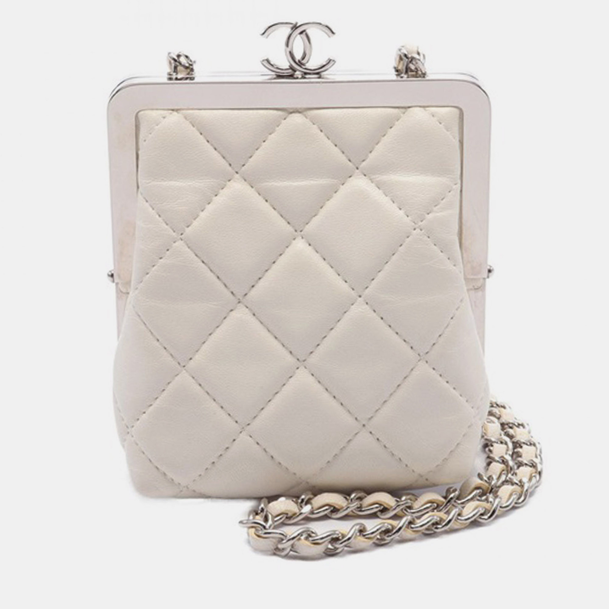 

Chanel White Lambskin and Acrylic Kiss Clutch with Chain