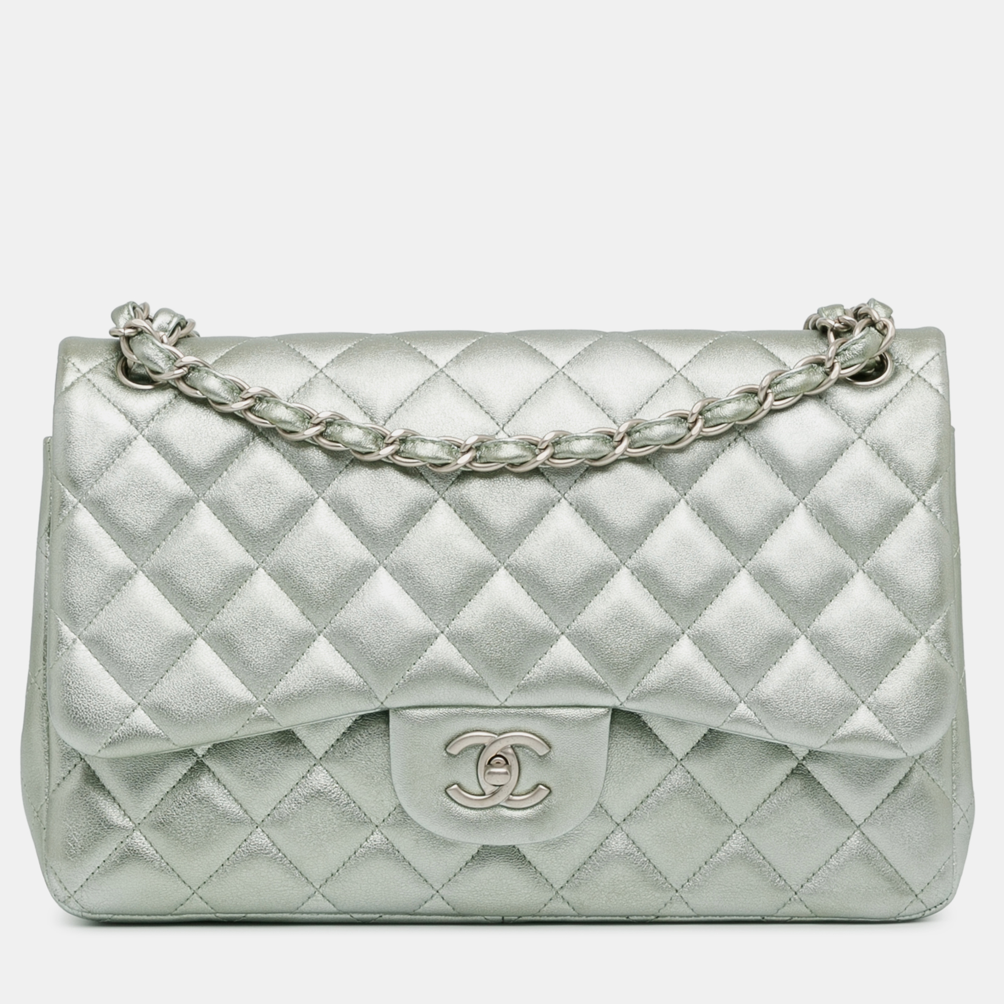 

Chanel Silver Jumbo Classic Lambskin Double Flap