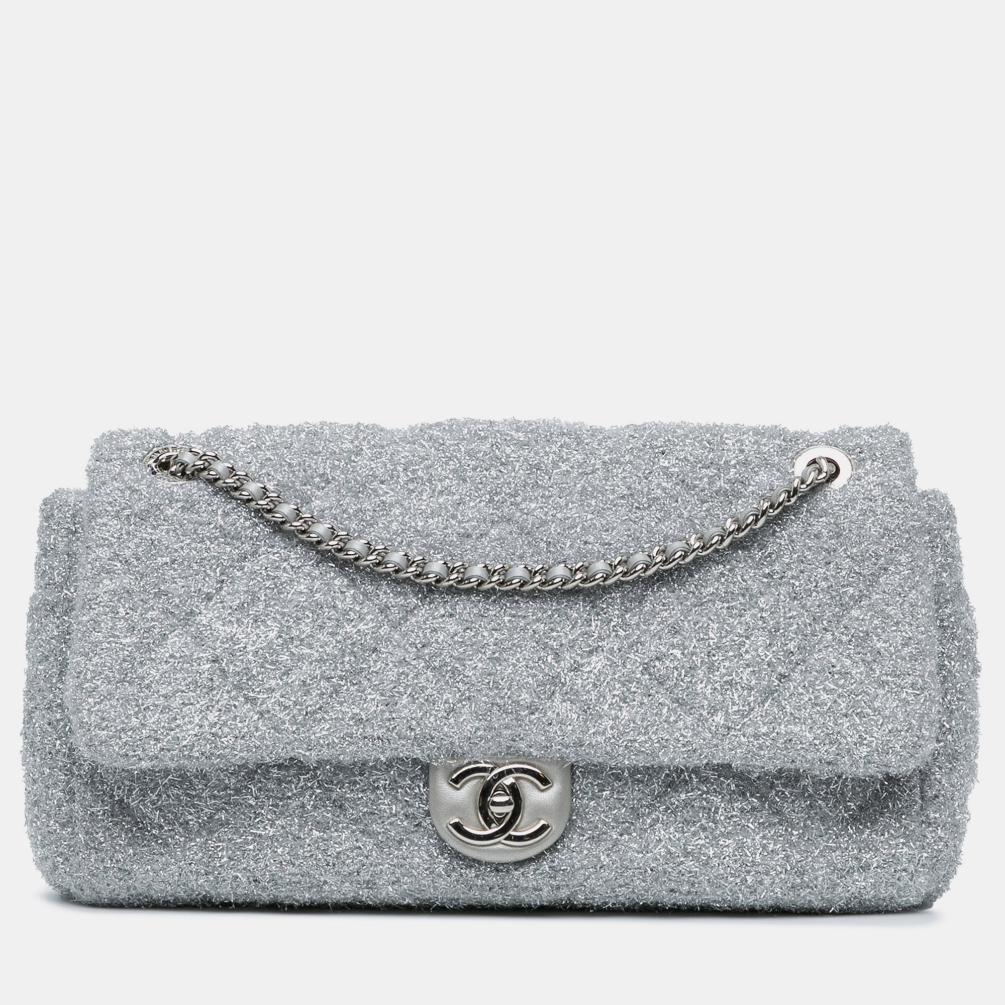 

Chanel Silver Large Quilted Lurex Ground Control Pluto Glitter Flap