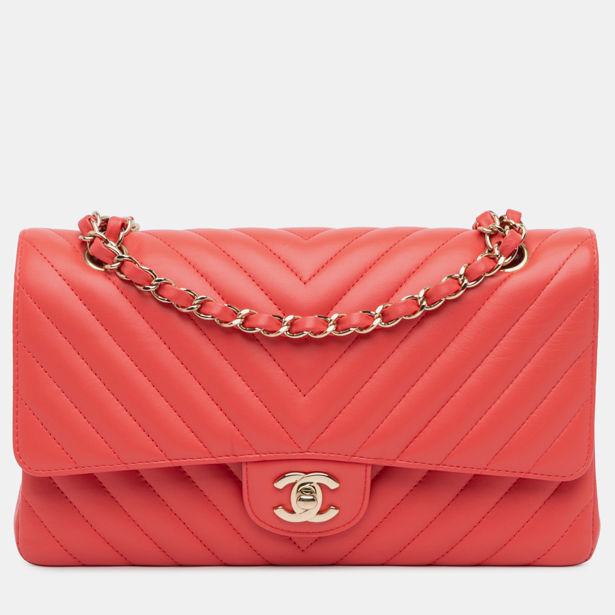 

Chanel Red Medium Classic Chevron Lambskin Double Flap