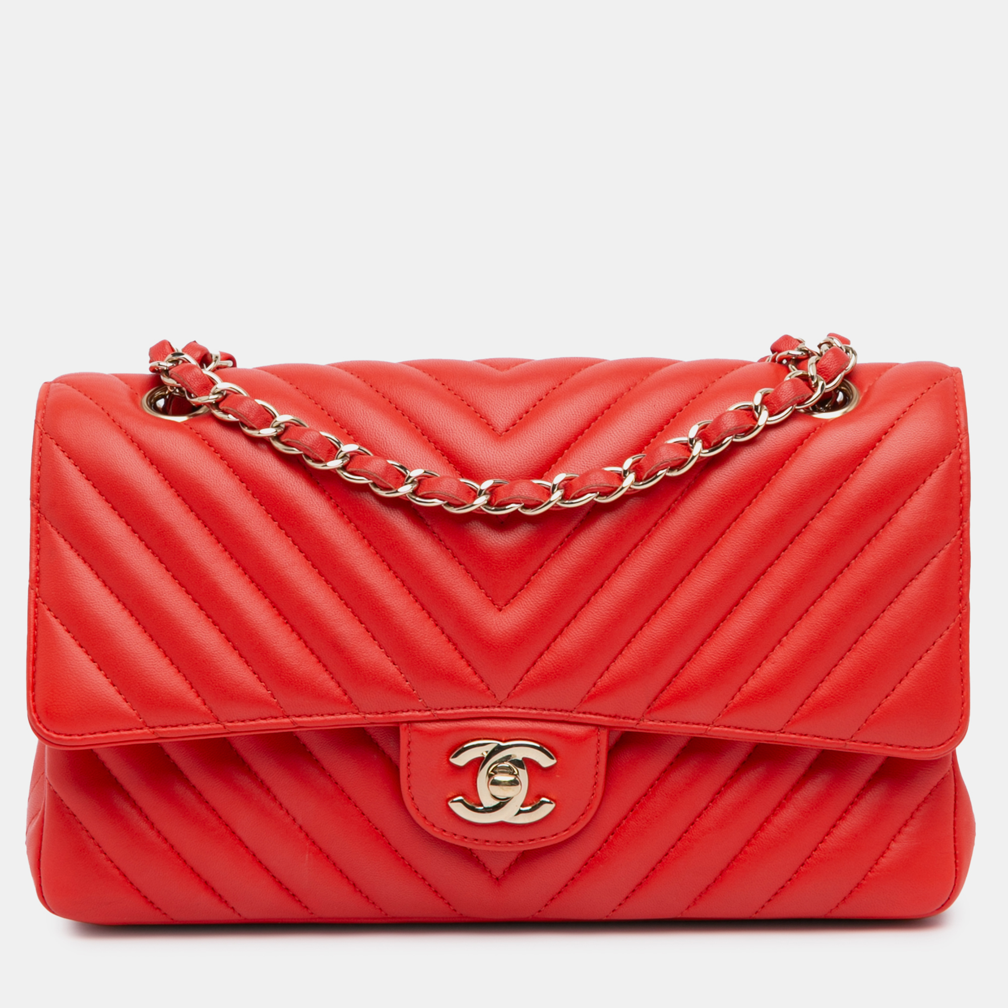 

Chanel Red Medium Classic Chevron Lambskin Double Flap
