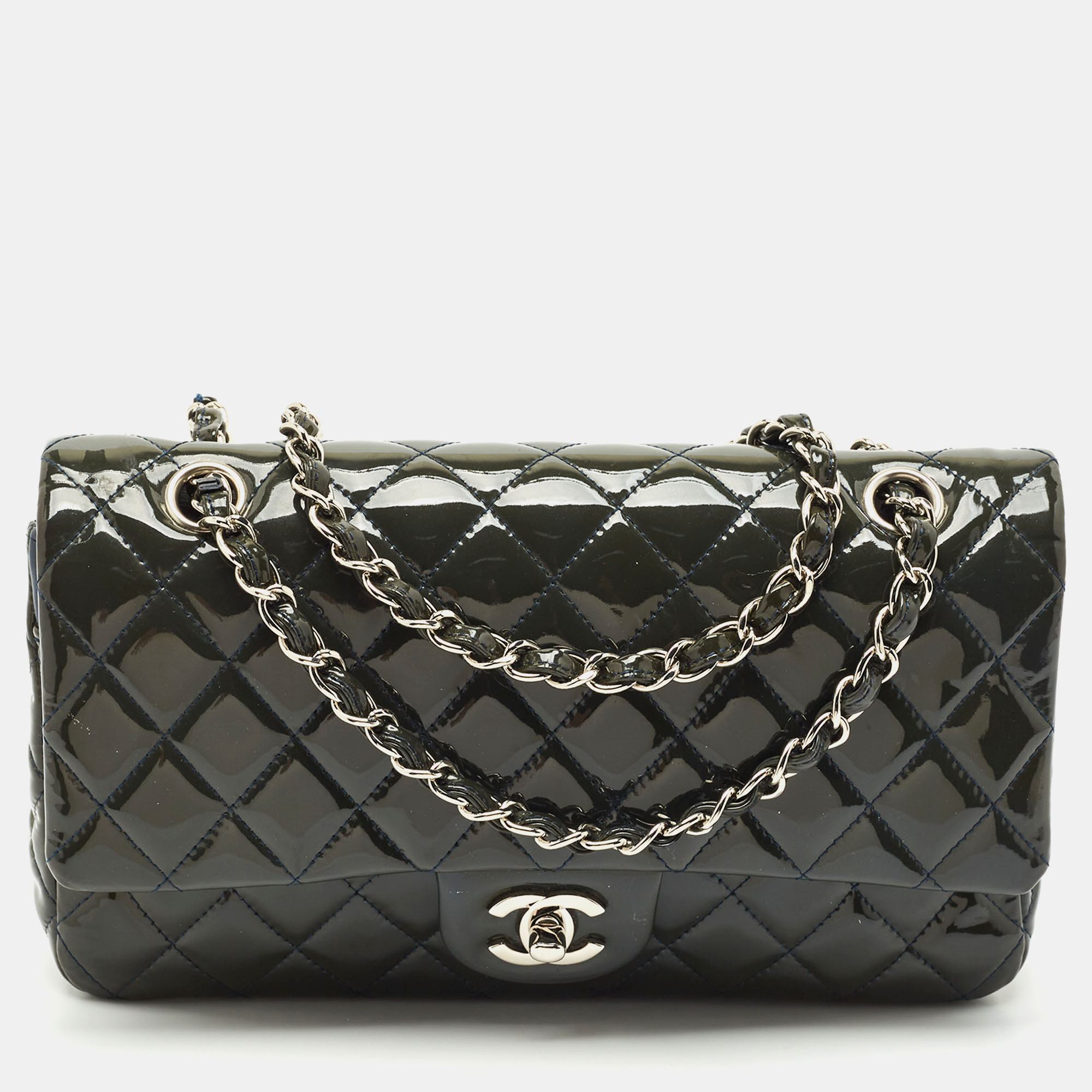 

Chanel Teal Blue Quilted Patent Leather Medium Classic Double Flap Bag