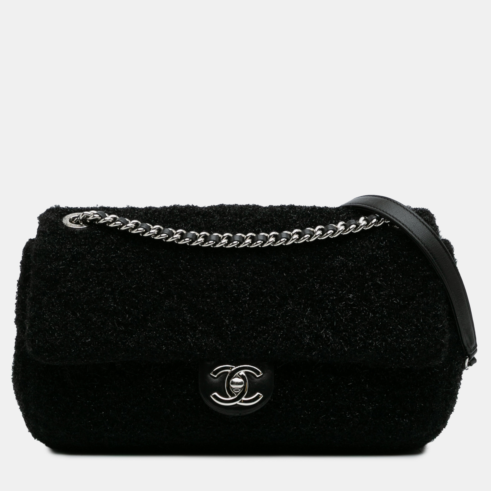 

Chanel Black Medium Quilted Metallic Knit Pluto Glitter Flap