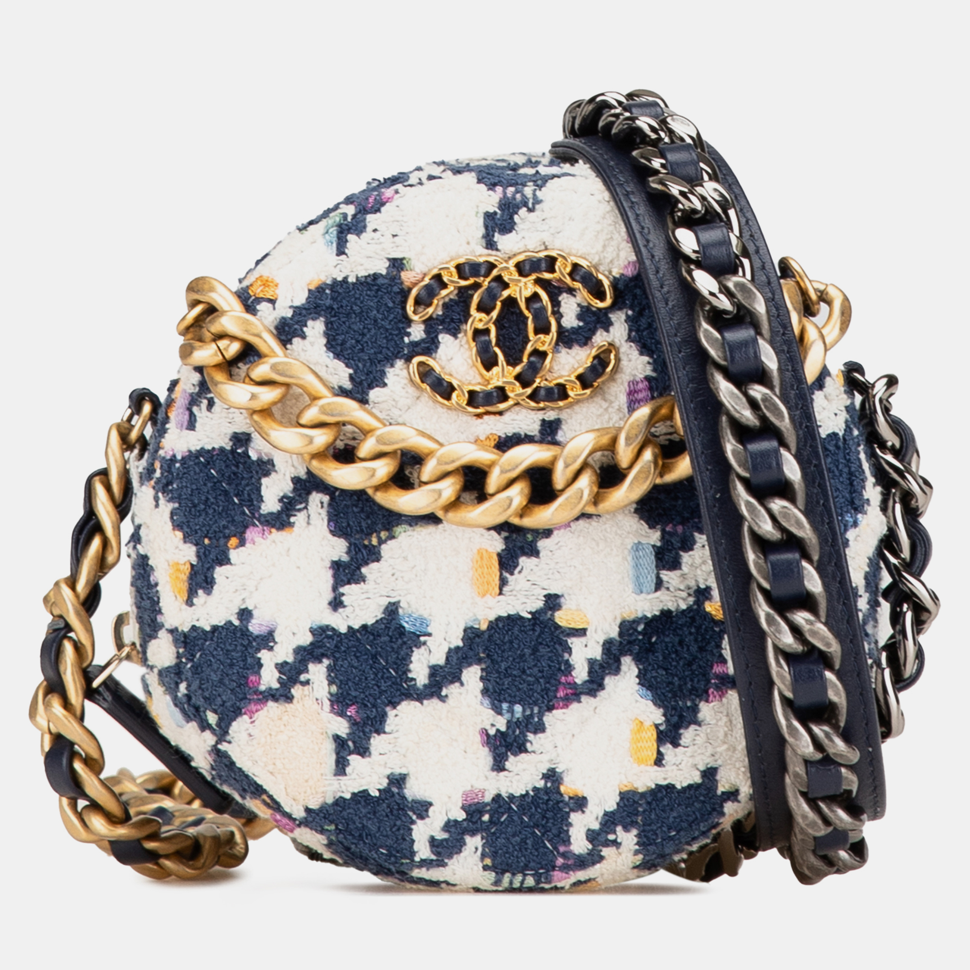 

Chanel Blue White Tweed 19 Round Clutch with Chain
