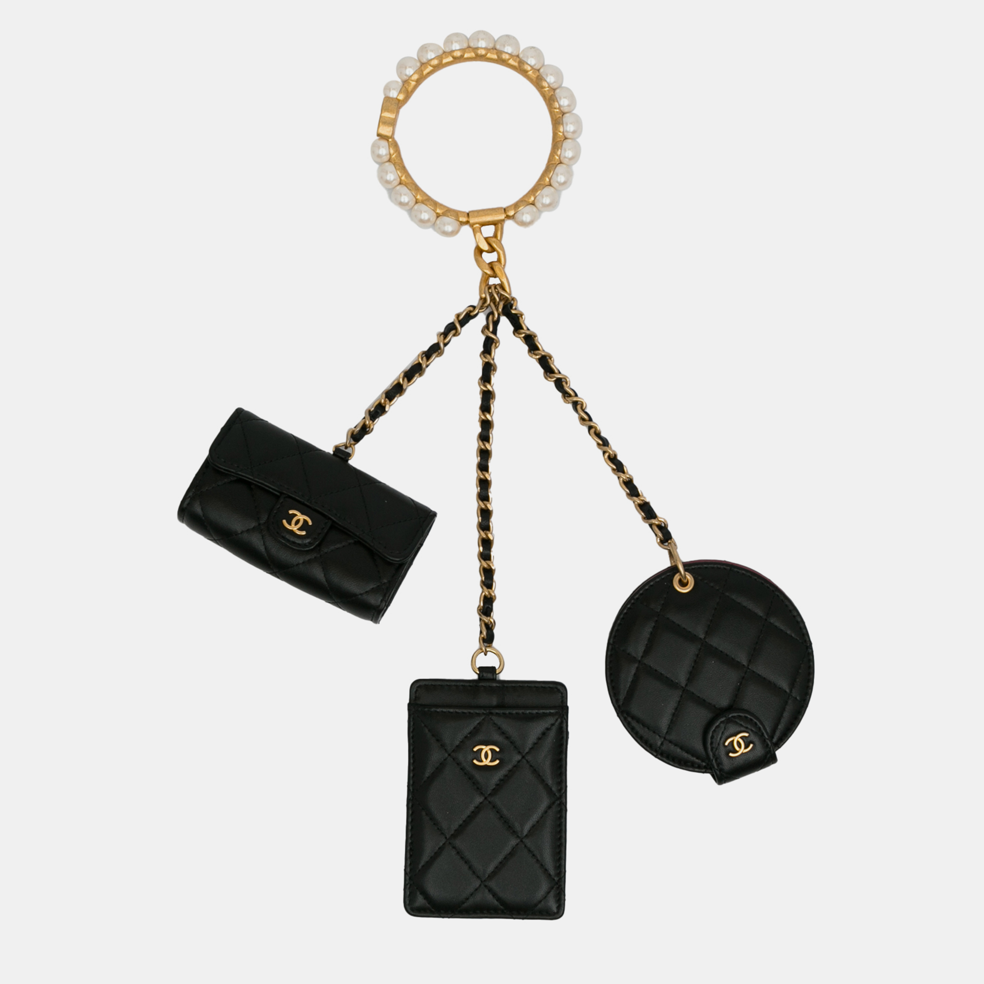 

Chanel Black Lambskin Pearl Crown CC Wristlet Multi Pouches
