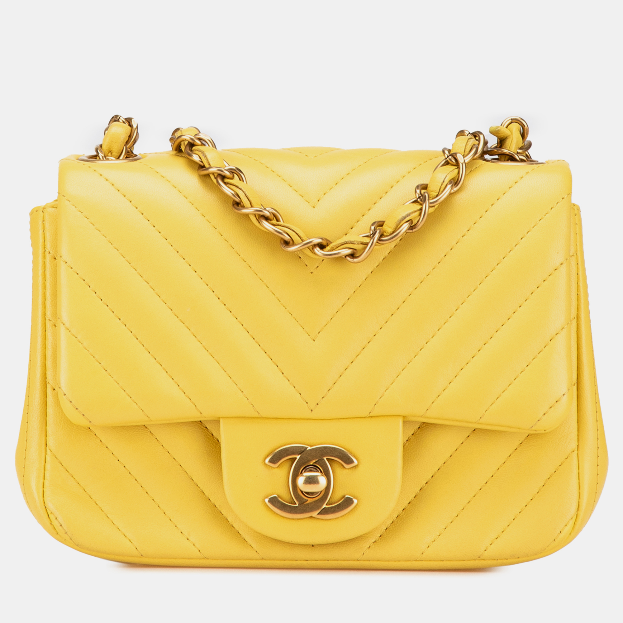 

Chanel Yellow Mini Square Classic Chevron Lambskin Single Flap