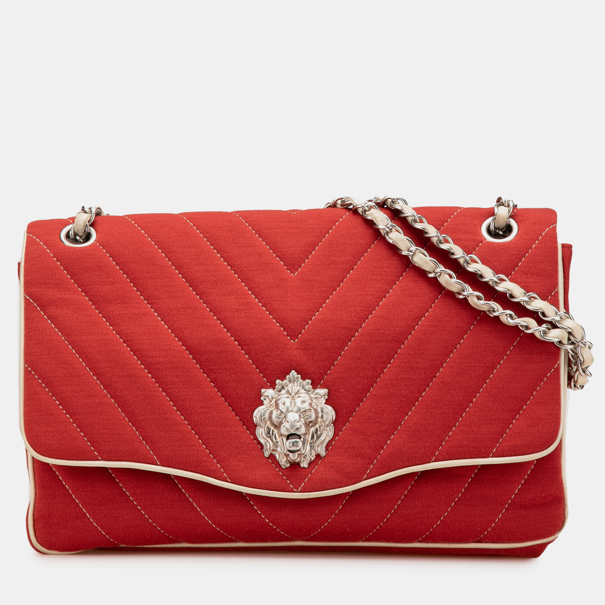 

Chanel Red Jumbo Chevron Jersey Leo Lion Flap