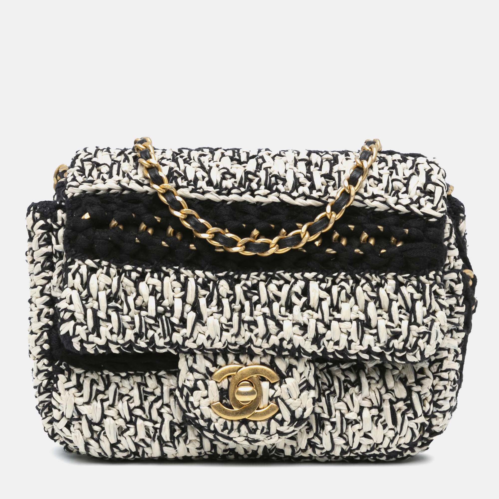 

Chanel Black White Raffia Braided with Love Flap