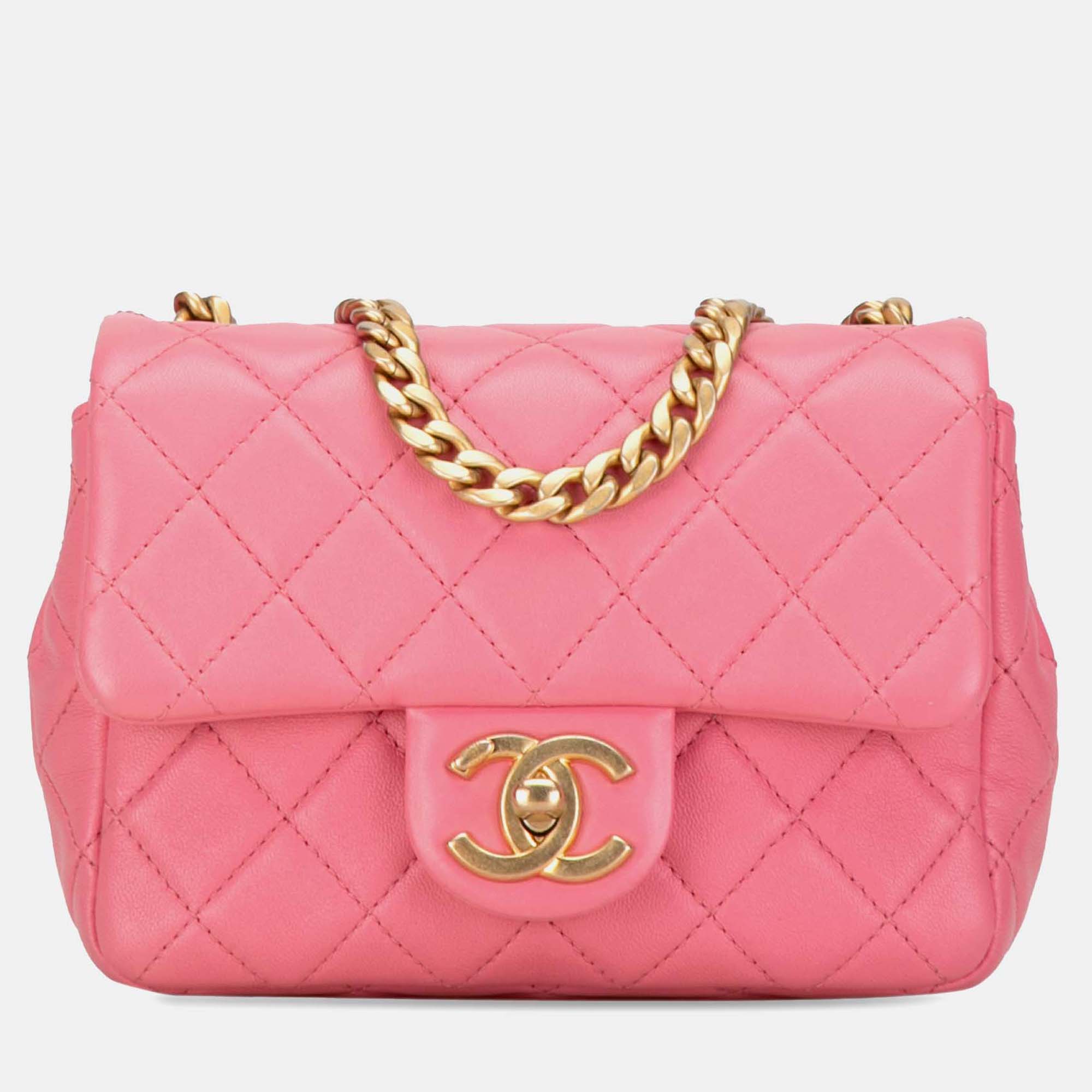 

Chanel Pink Mini Square Lambskin Pearl Samba Flap