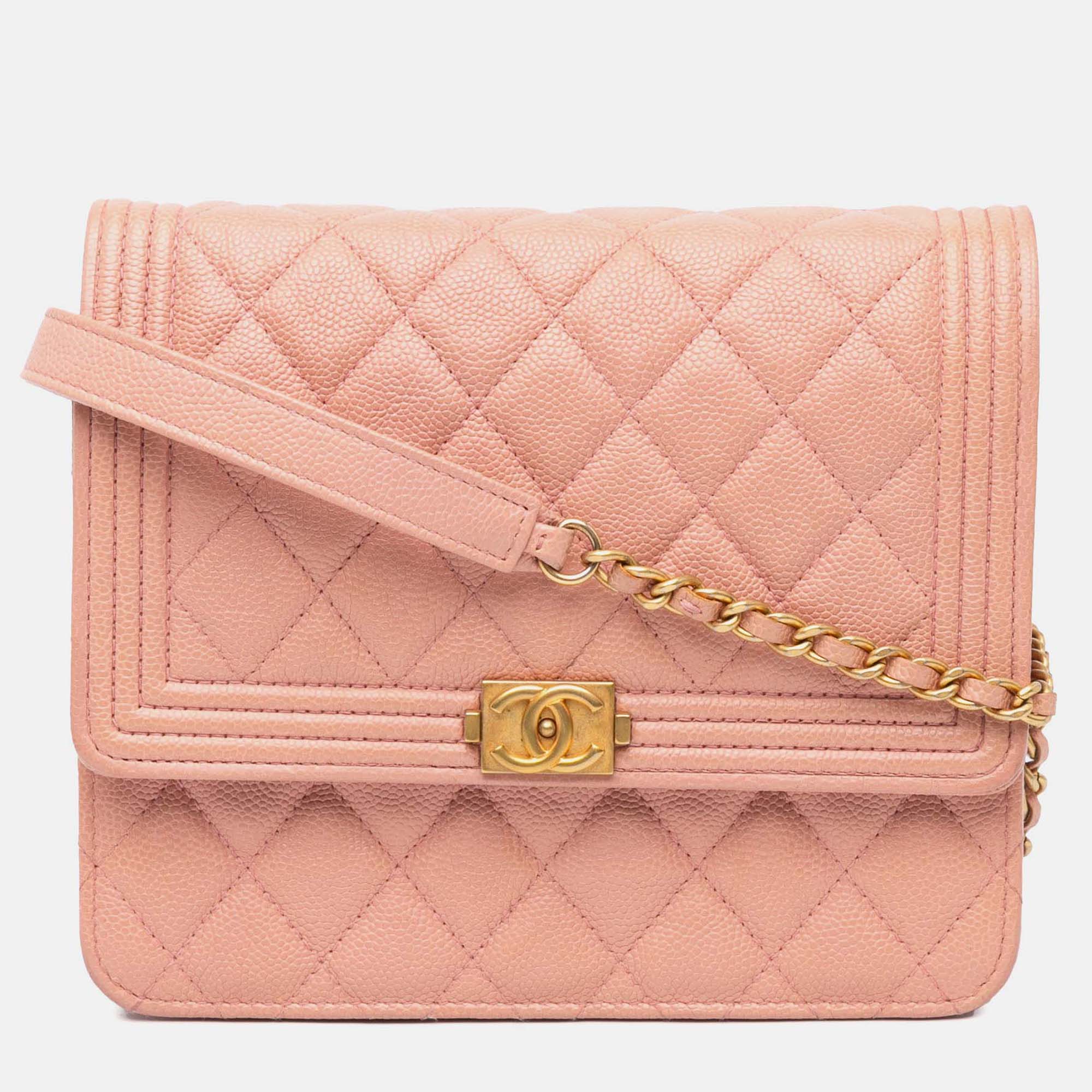 

Chanel Pink Quilted Caviar Square Boy Wallet On Chain