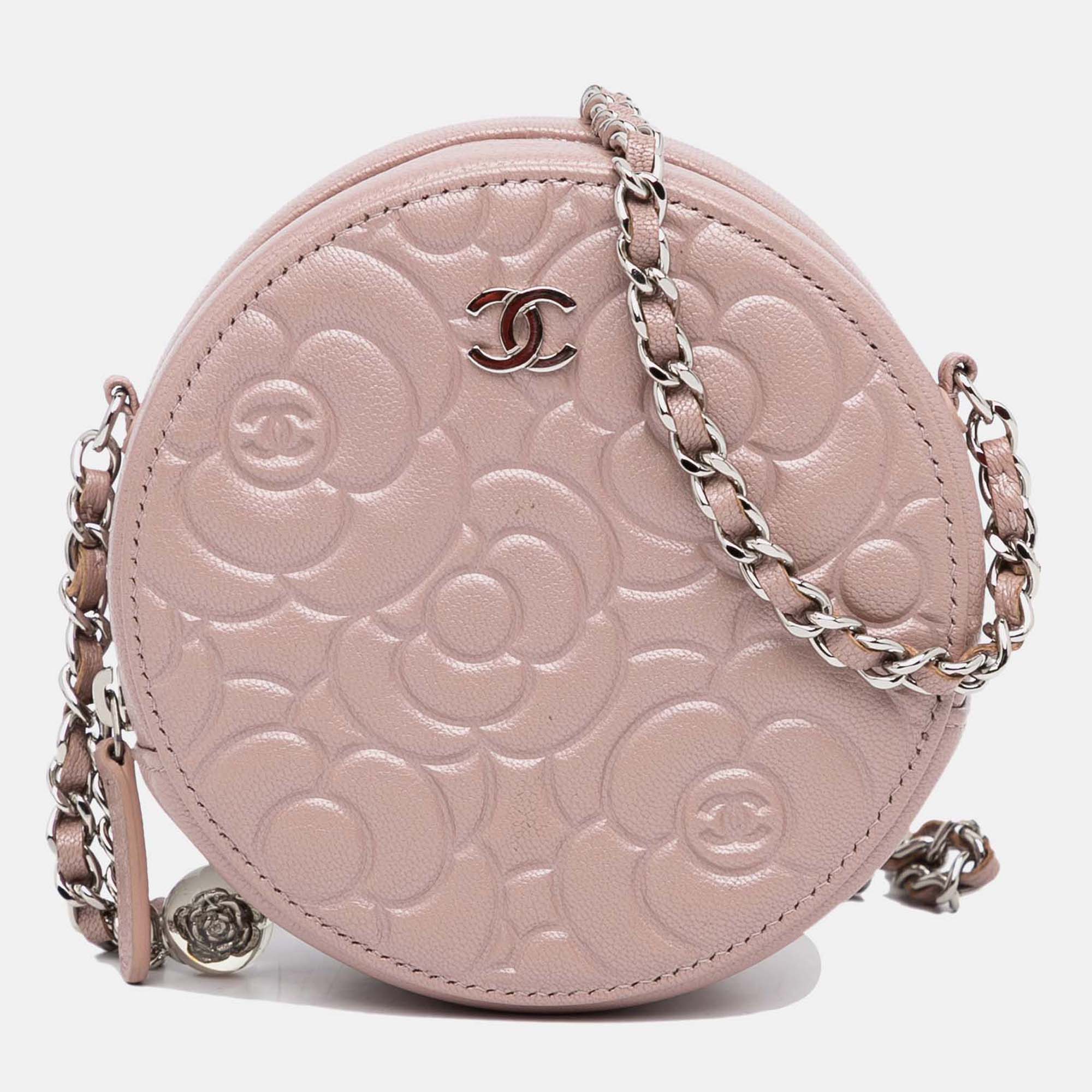 

Chanel Pink Goatskin Camellia Round Clutch With Chain