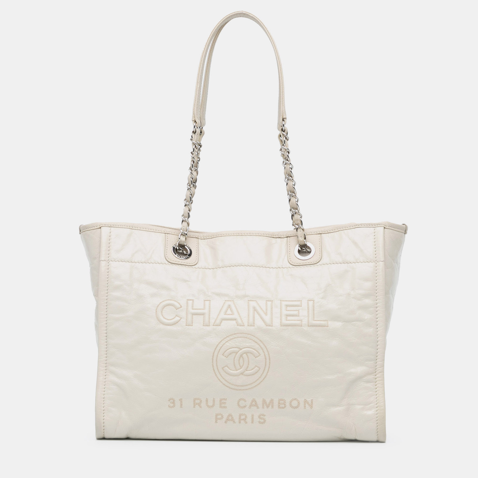 

Chanel White Small Glazed Calfskin Deauville Tote