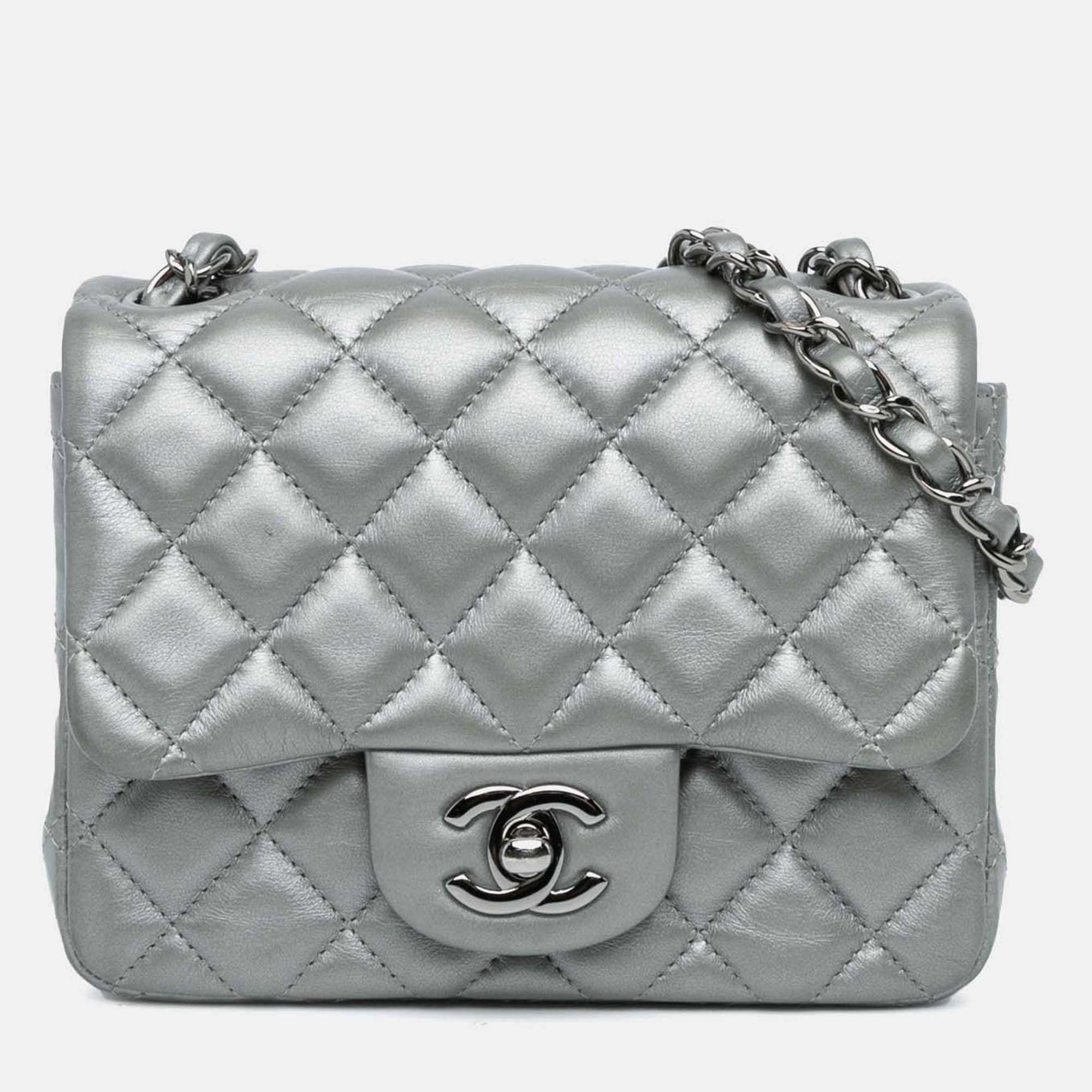 

Chanel Silver Mini Square Classic Calfskin Single Flap