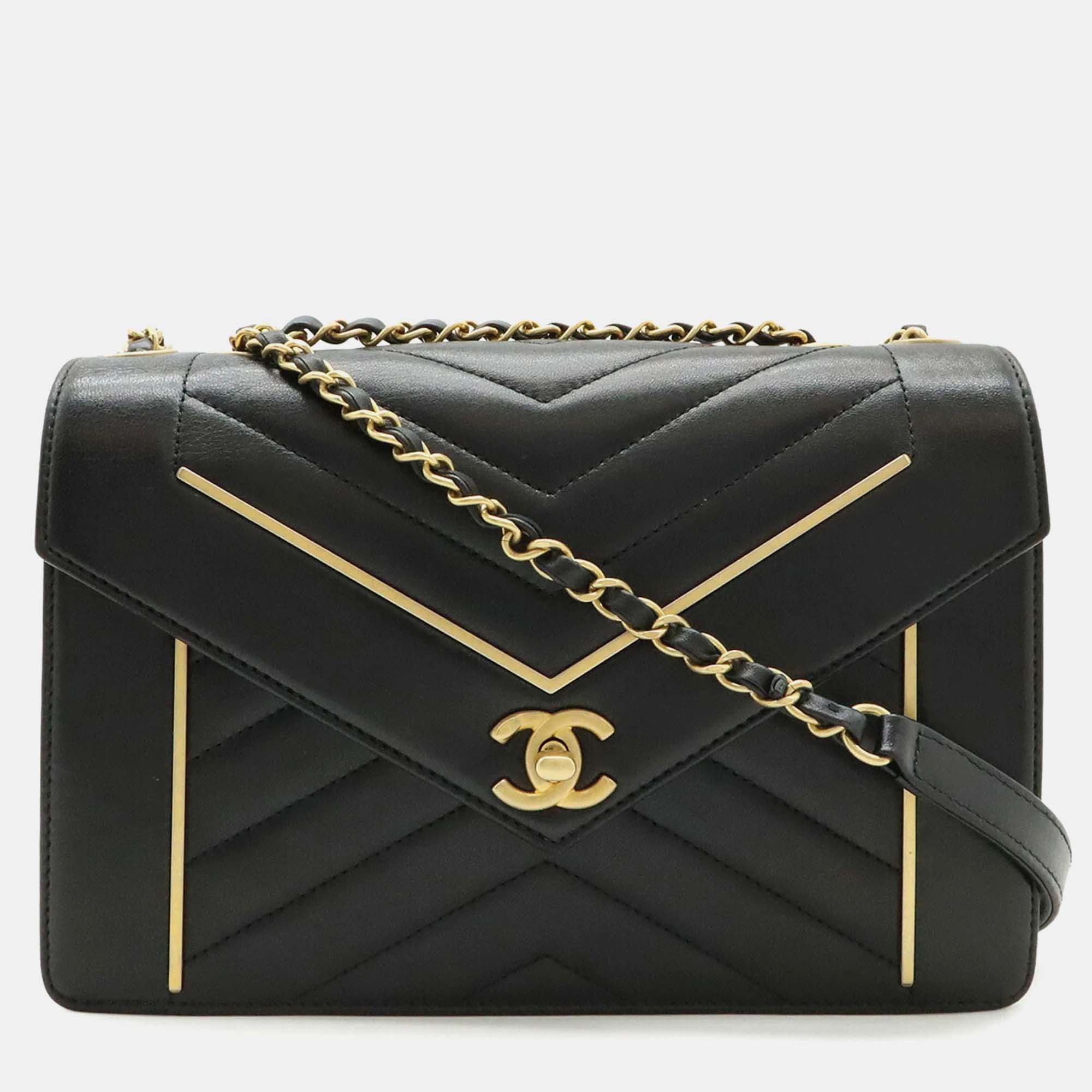 

Chanel Black Lambskin V-Stitch Chevron Coco Mark Chain Shoulder Bag