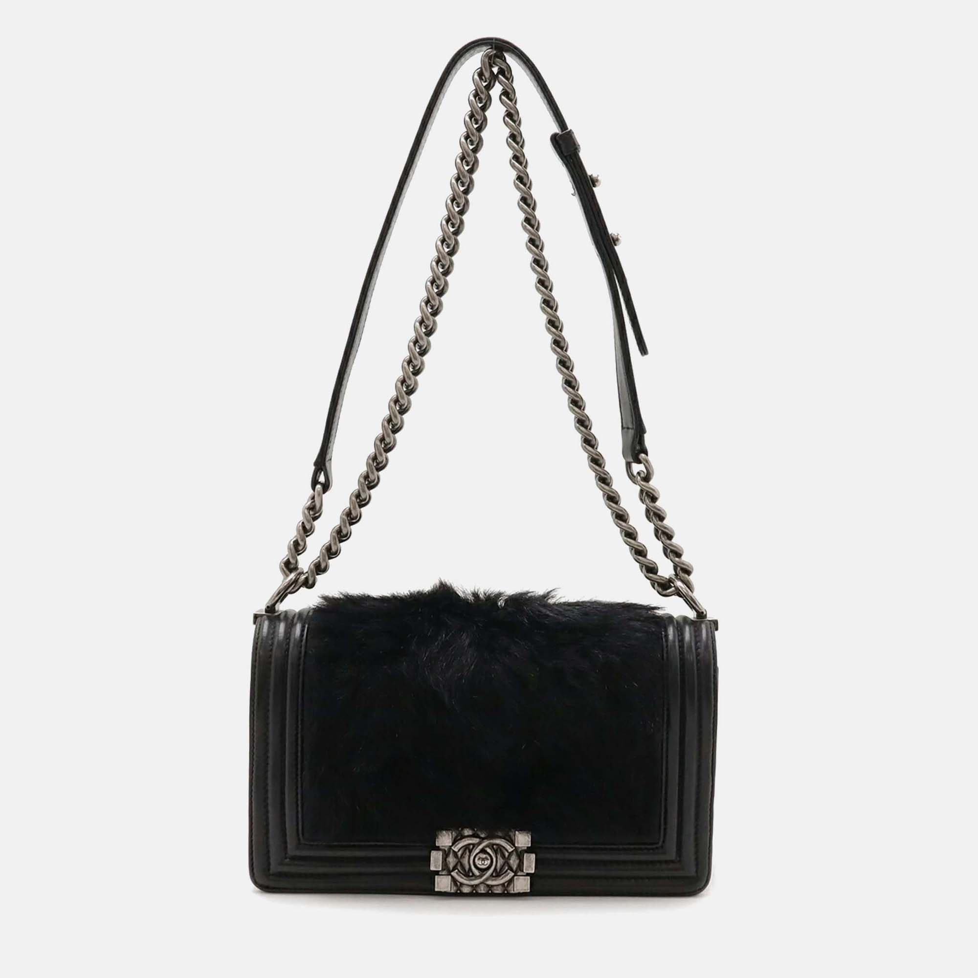 

Chanel Black Lambskin Fur Chanel 25 Coco Mark Boy Bag