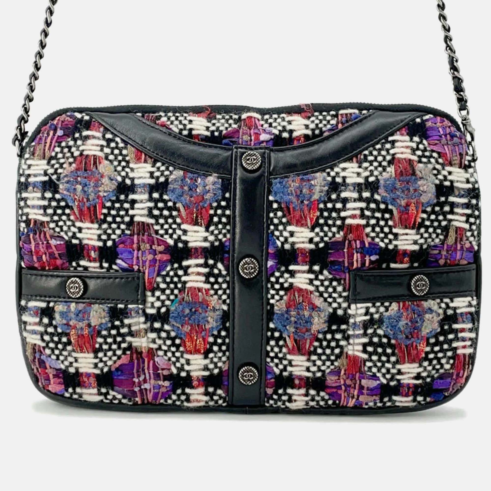 

Chanel Chain Shoulder Bag Girl Coco Button Tweed Lambskin Black