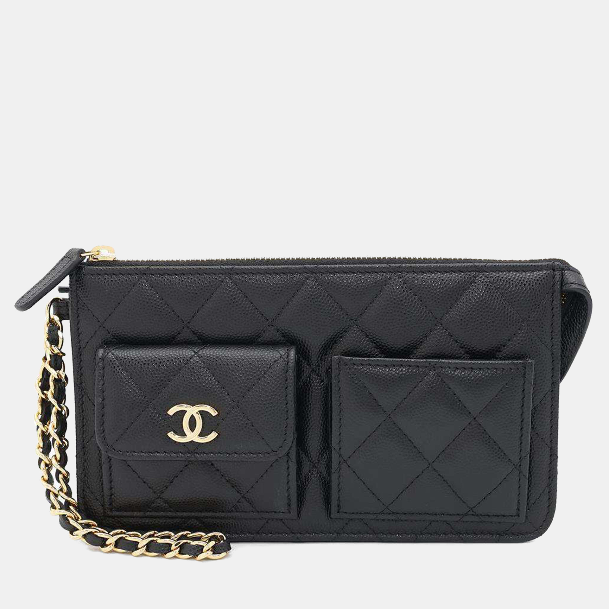 

Chanel Chain Wallet Matelasse Coco Mark Caviar Skin Clutch Bag Black