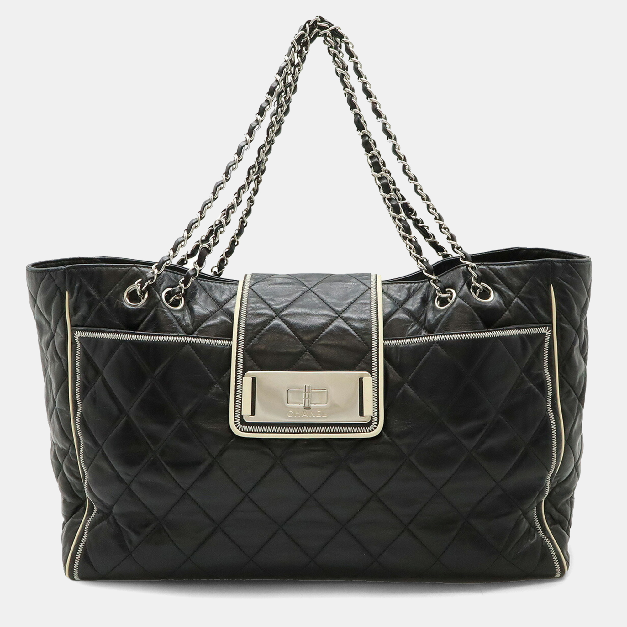 

Chanel 2.55 Matelasse Turnlock Tote Bag Shoulder Double Chain Calf Leather Black White