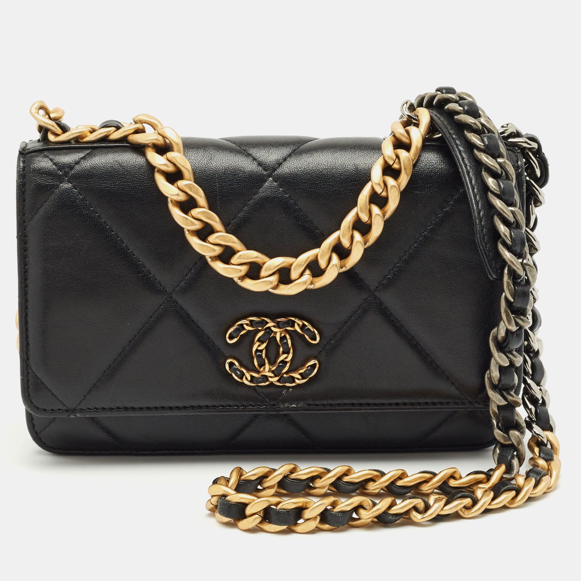 

Chanel Black Quilted Leather 19 Flap Wallet on Chain