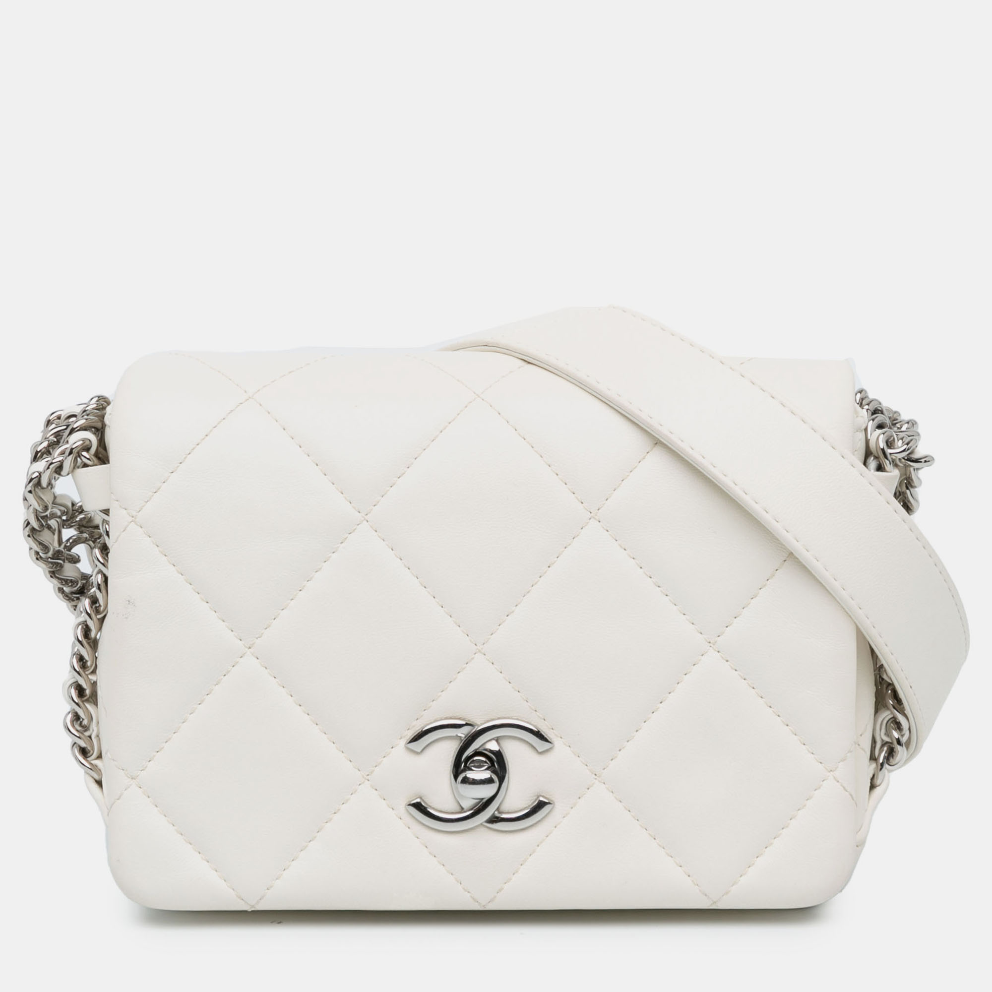 

Chanel Mini Quilted Chain Rows Flap White Lambskin Bag