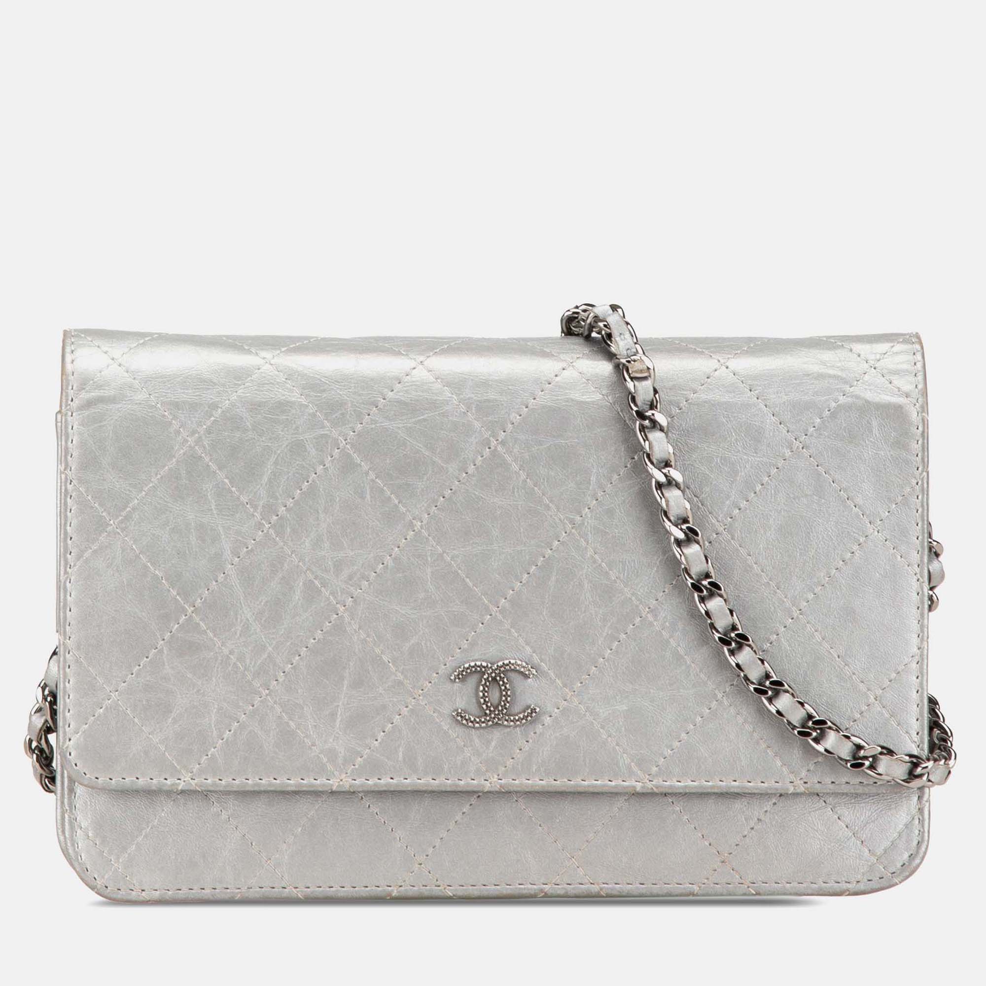 

Chanel CC Quilted Wallet On Chain Silver Aged Calfskin Bag