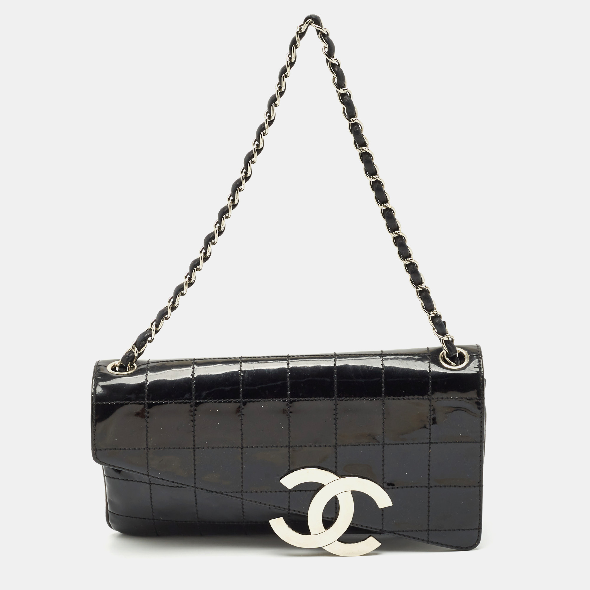 

Chanel Black Chocolate Bar Quilt Patent Leather Diagonal Flap Bag