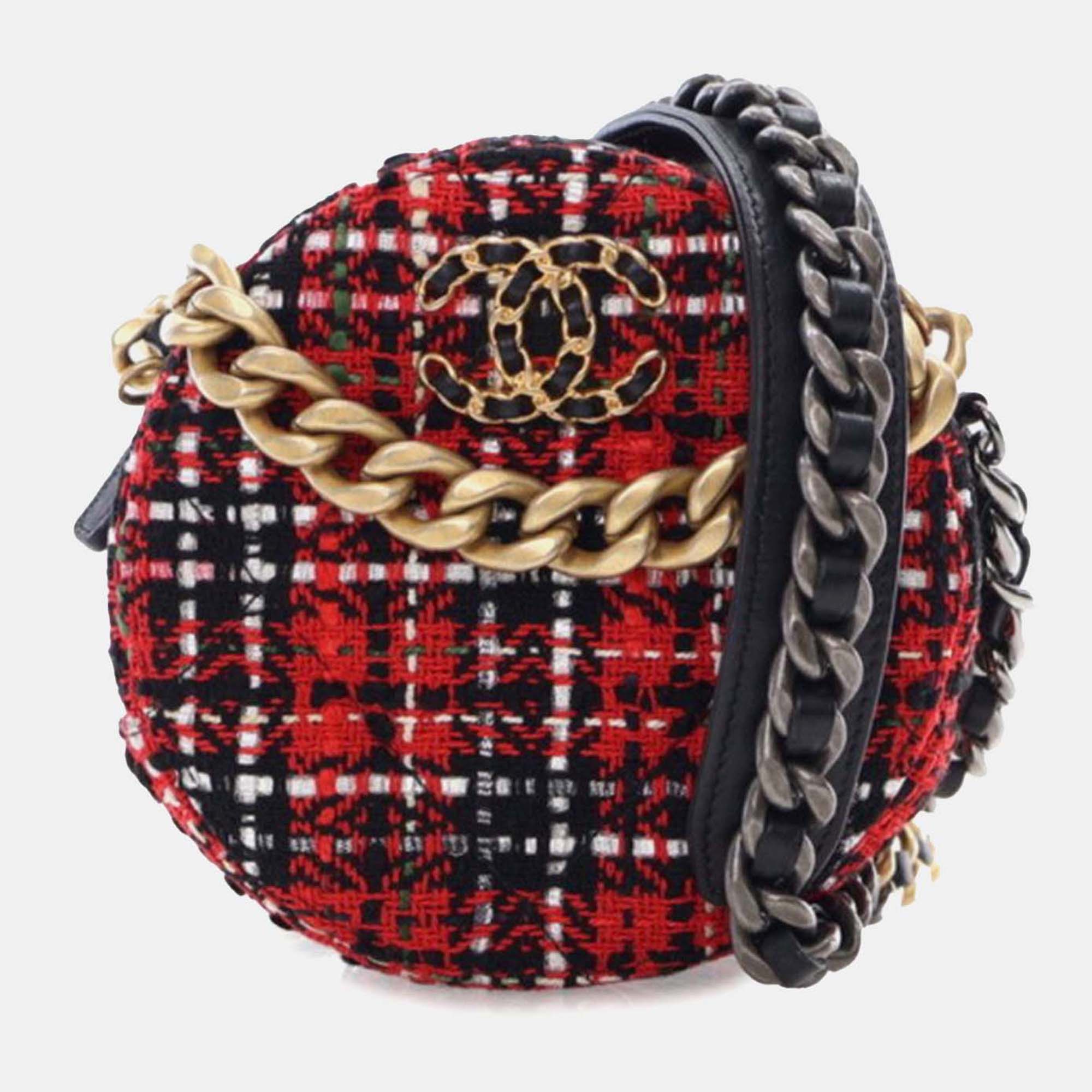 

Chanel Black Red Tweed 19 Round Clutch with Chain