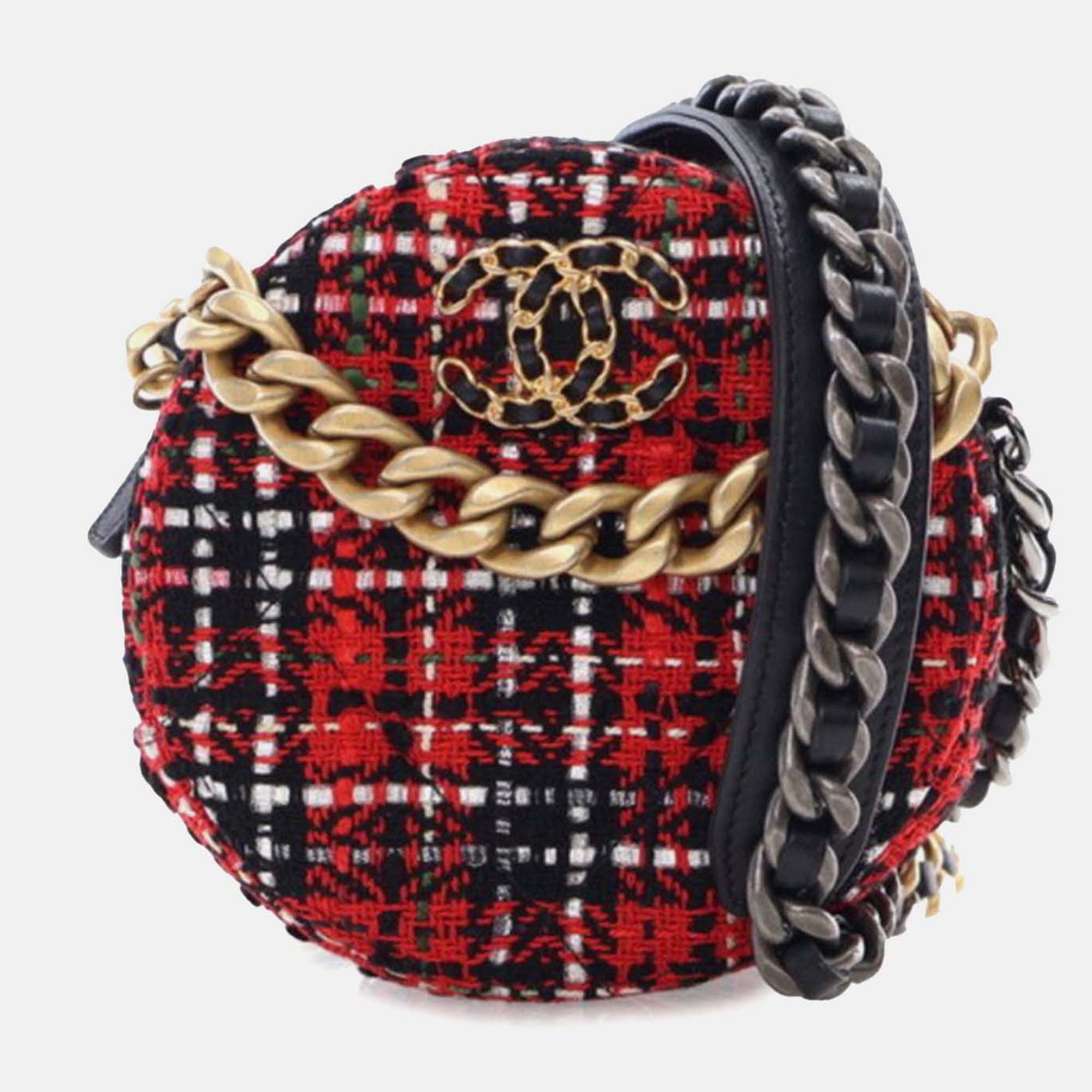 

Chanel Black Red Tweed 19 Round Clutch with Chain