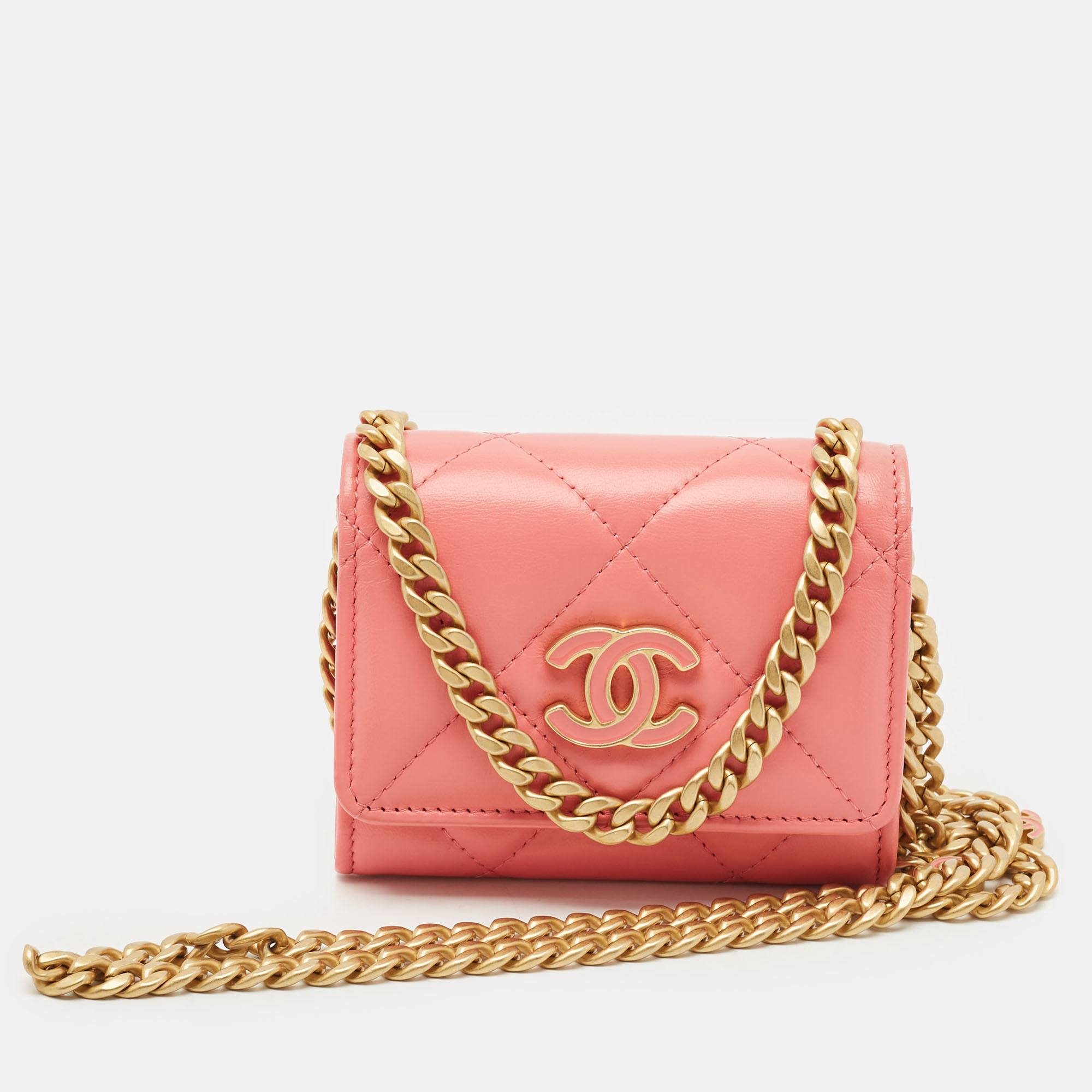 

Chanel Pink Quilted Leather Pending CC Card Holder on Chain