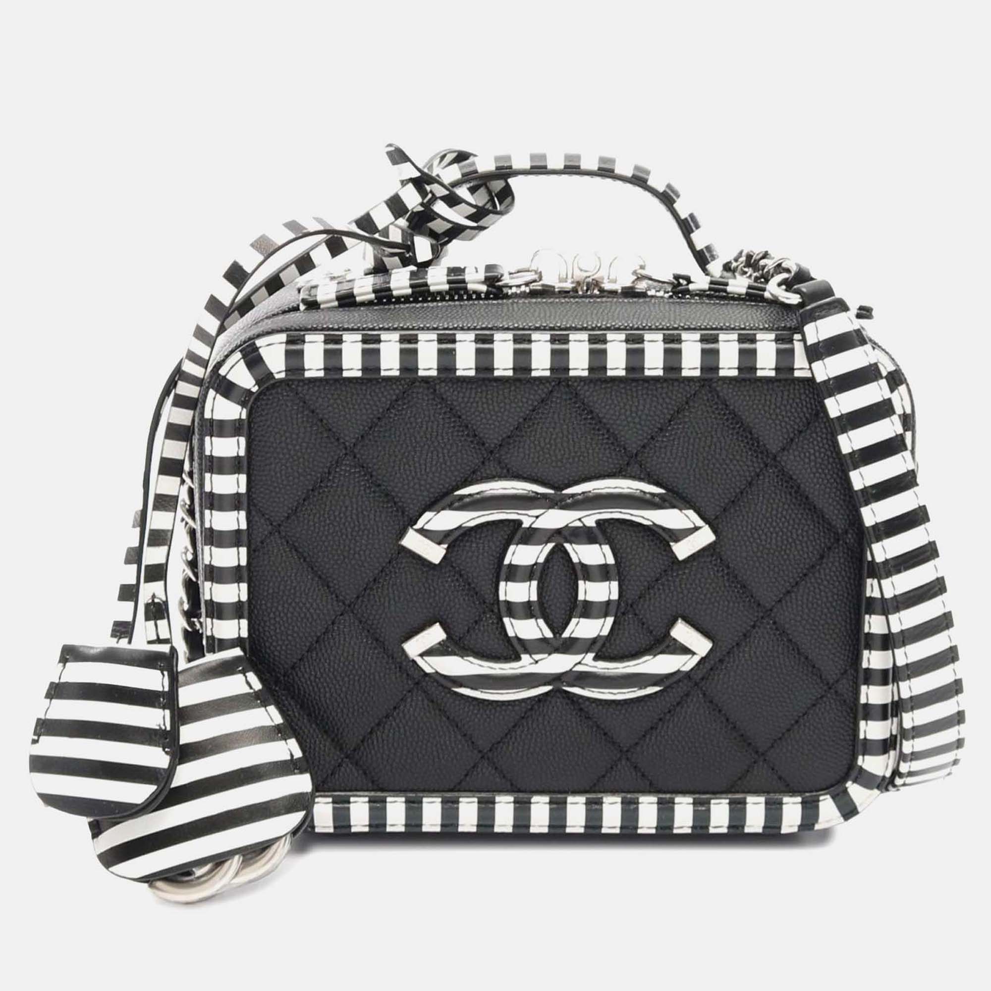 

Chanel Black White Small Caviar Striped CC Filigree Vanity Case