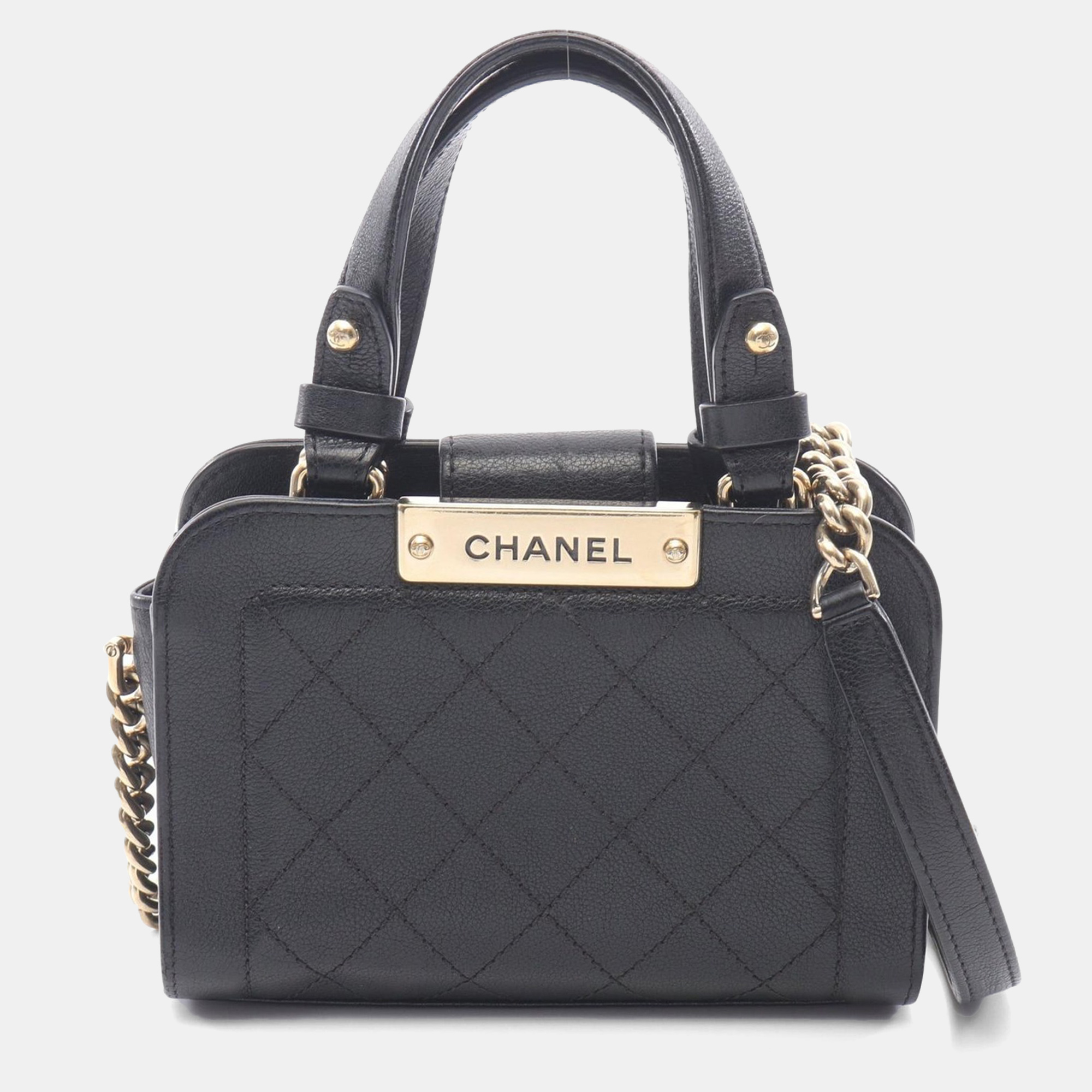 

Chanel Matelasse Label Click Small Black Quilted Leather Hand Chain Shoulder Bag GHW