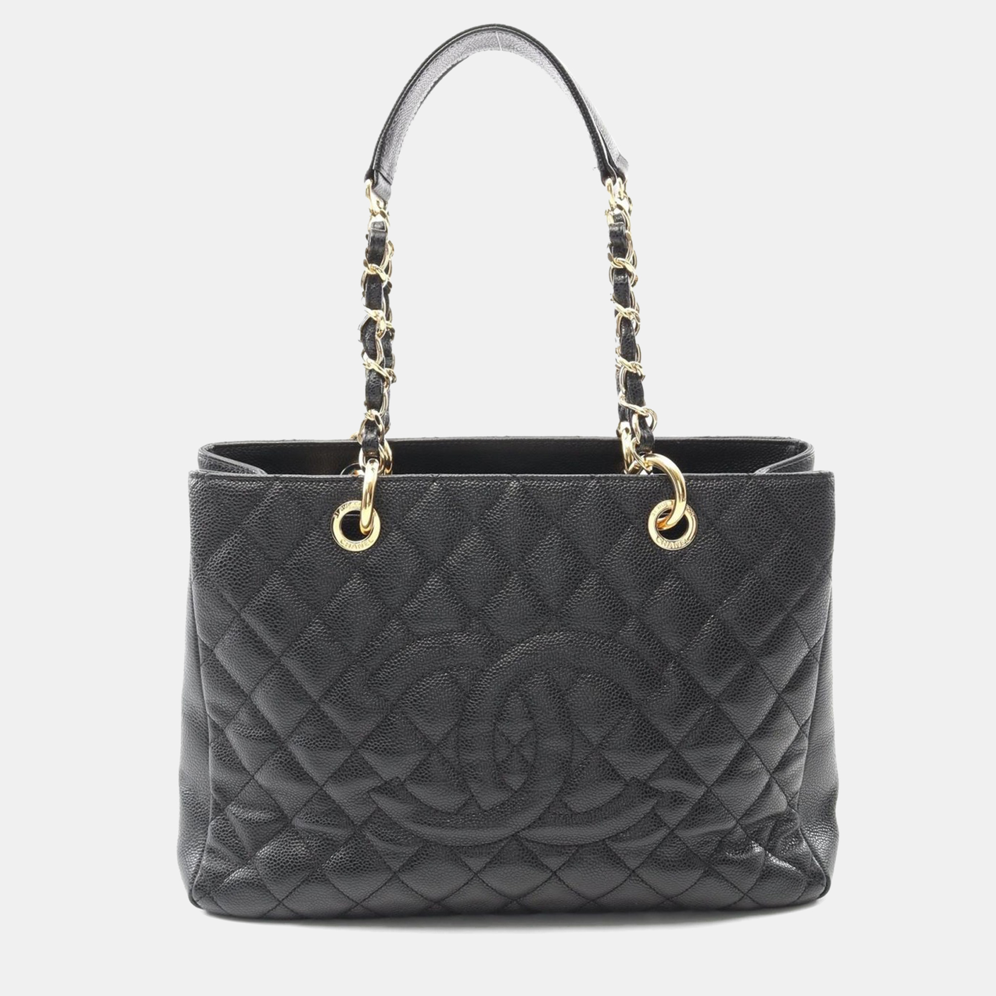 

Chanel Matelasse Grand Shopping GST Black Calf Grained Leather Chain Tote Bag GHW
