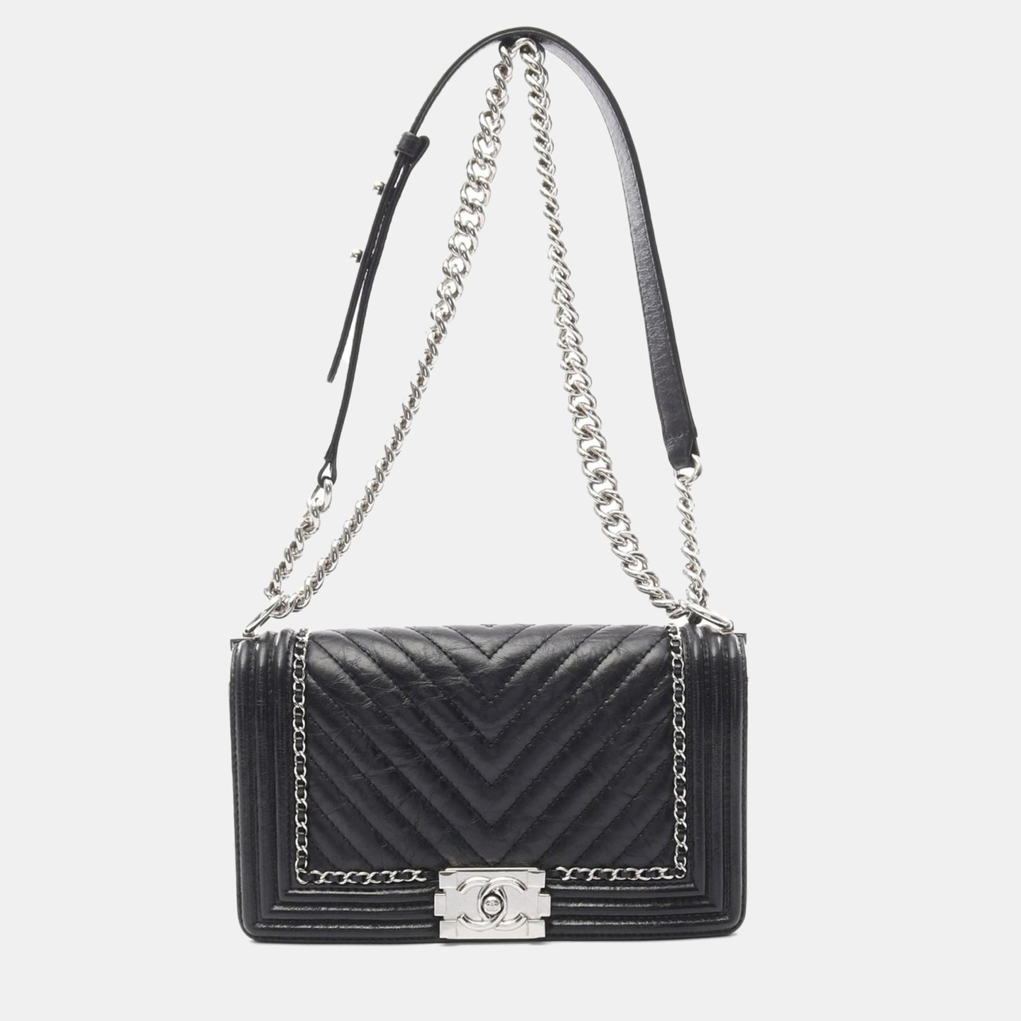 

Chanel Boy Chanel V Stitch Chain Shoulder Bag Leather Black Cc