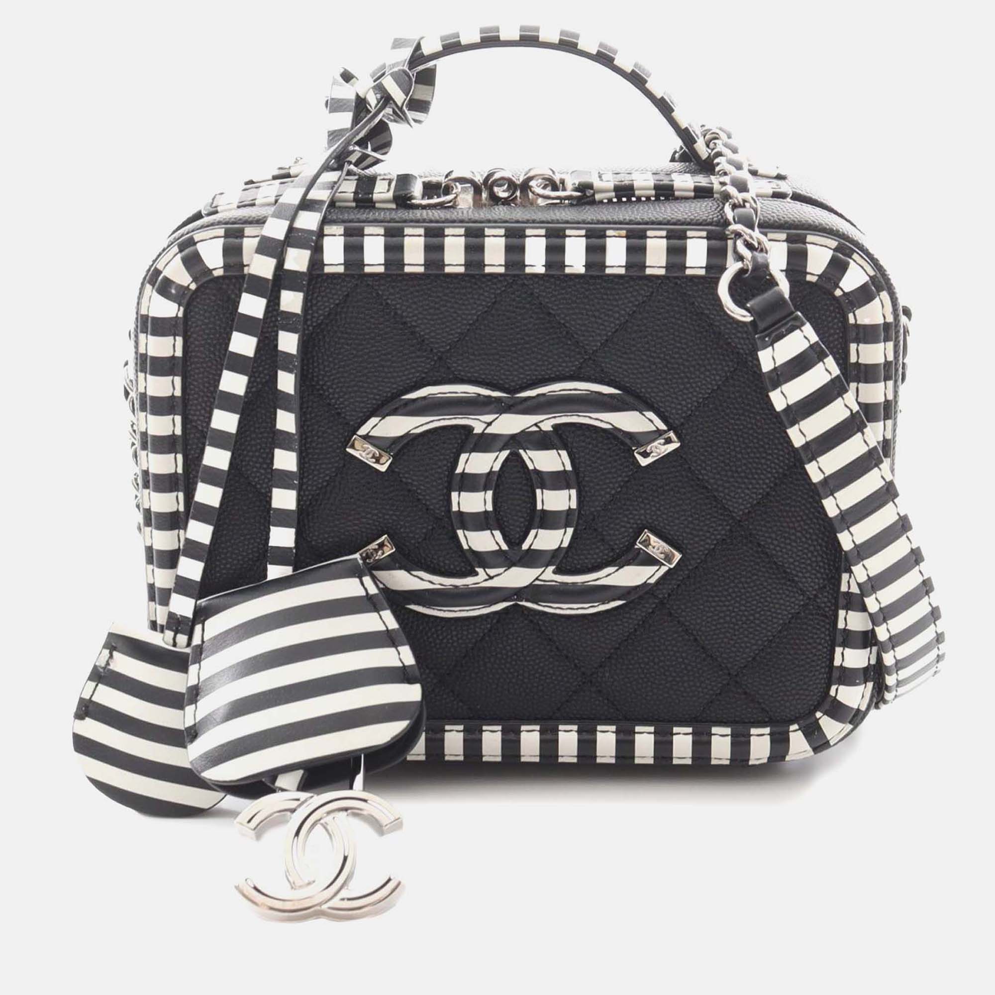 

Chanel Black White Small Caviar Striped CC Filigree Vanity Case