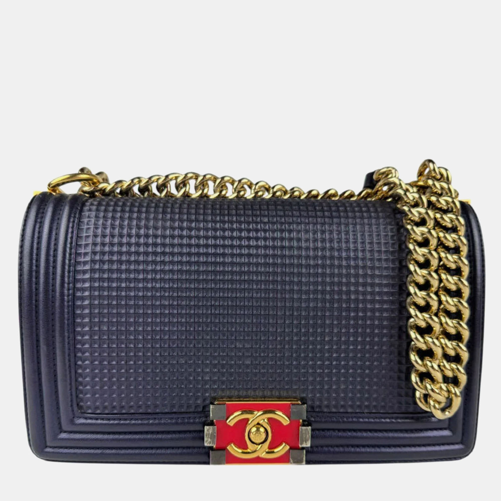 

Chanel Boy Navy Red Gold Leather Shoulder Bag, Navy blue