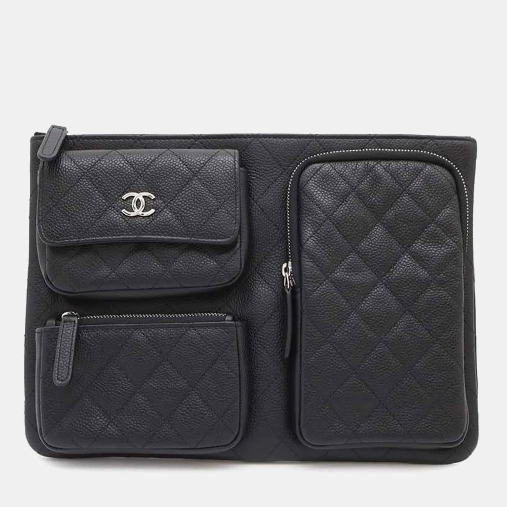 

Chanel Matelasse Coco Mark Multi-Pocket Black Caviar Skin Clutch Bag